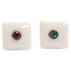 Pink Green Tourmaline White Agate 18 Kt Gold Made in Italy Cufflinks