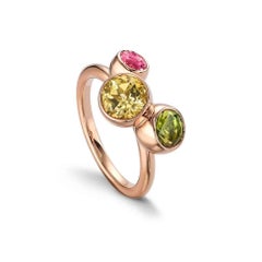 Pink and Green Tourmaline & Yellow Beryl Modern Ring Set in 18K Rose Gold