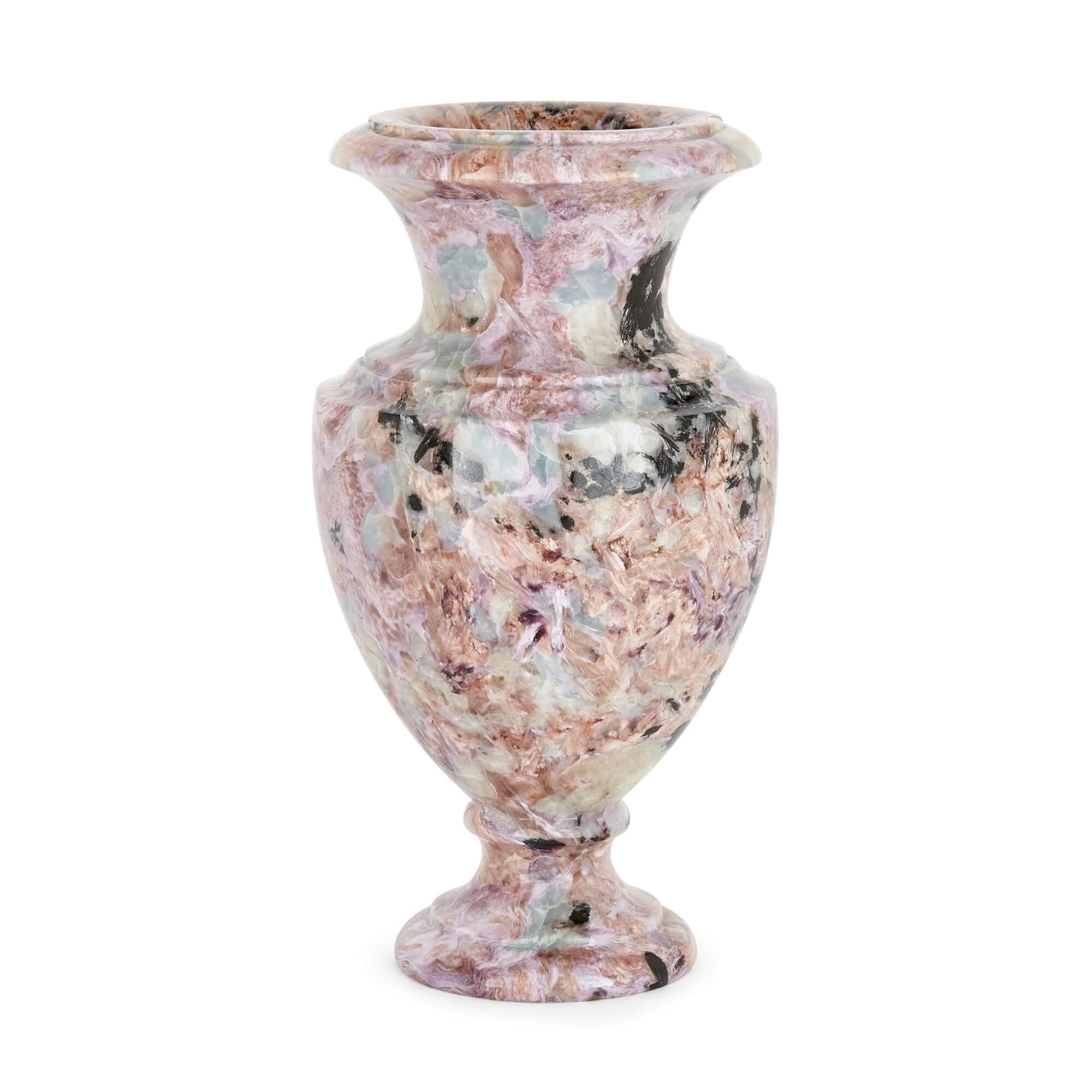 Pink and green variegated onyx Russian urn shaped vase
Russian, 20th century
Measures: Height 24cm, width 12cm, depth 11.5cm

Of slightly oval shape, this excellent mineral specimen piece is an urn-shaped vase made from Russian pink and green