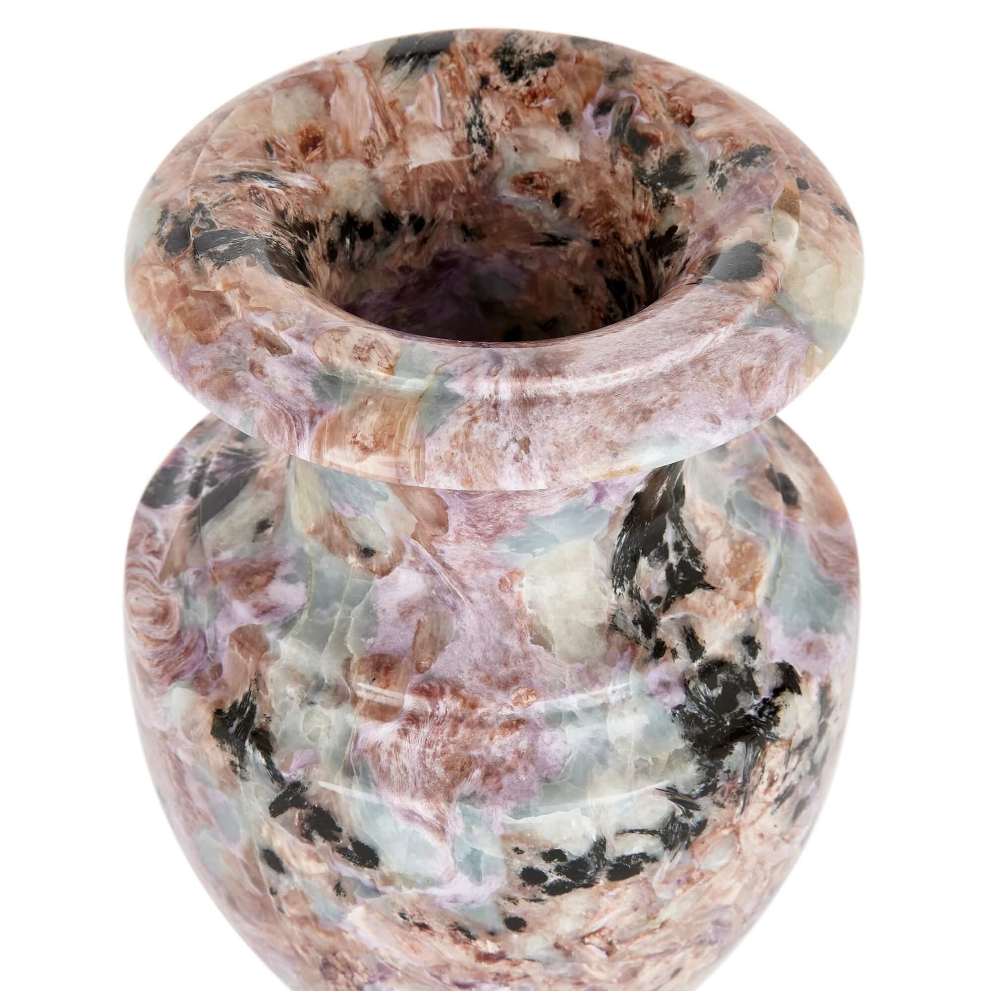 Neoclassical Pink and Green Variegated Onyx Russian Urn Shaped Vase For Sale