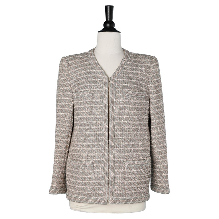 Pink and grey tweed edge to edge jacket with striped silk lining Chanel ...