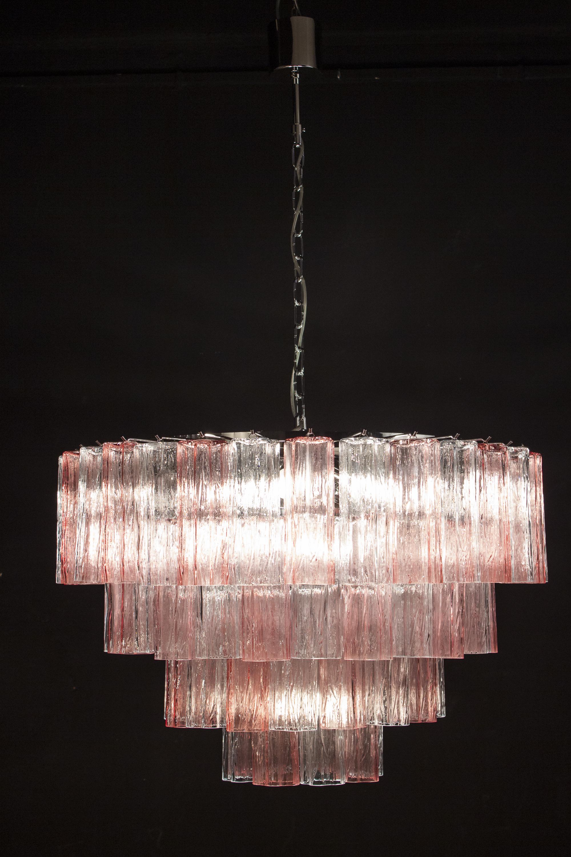 Contemporary Pink and Ice Color Large Italian Murano Glass Tronchi Chandelier For Sale