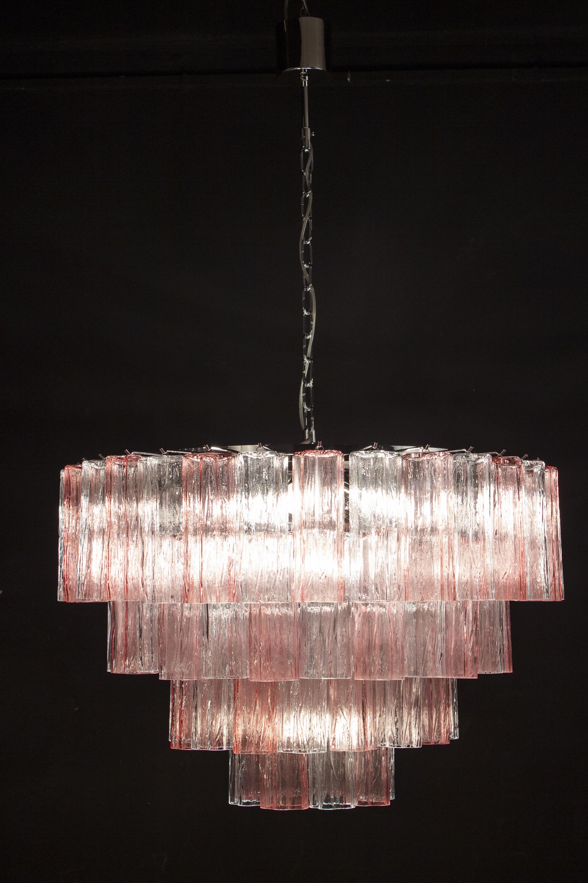 Blown Glass Pink and Ice Color Large Italian Murano Glass Tronchi Chandelier For Sale