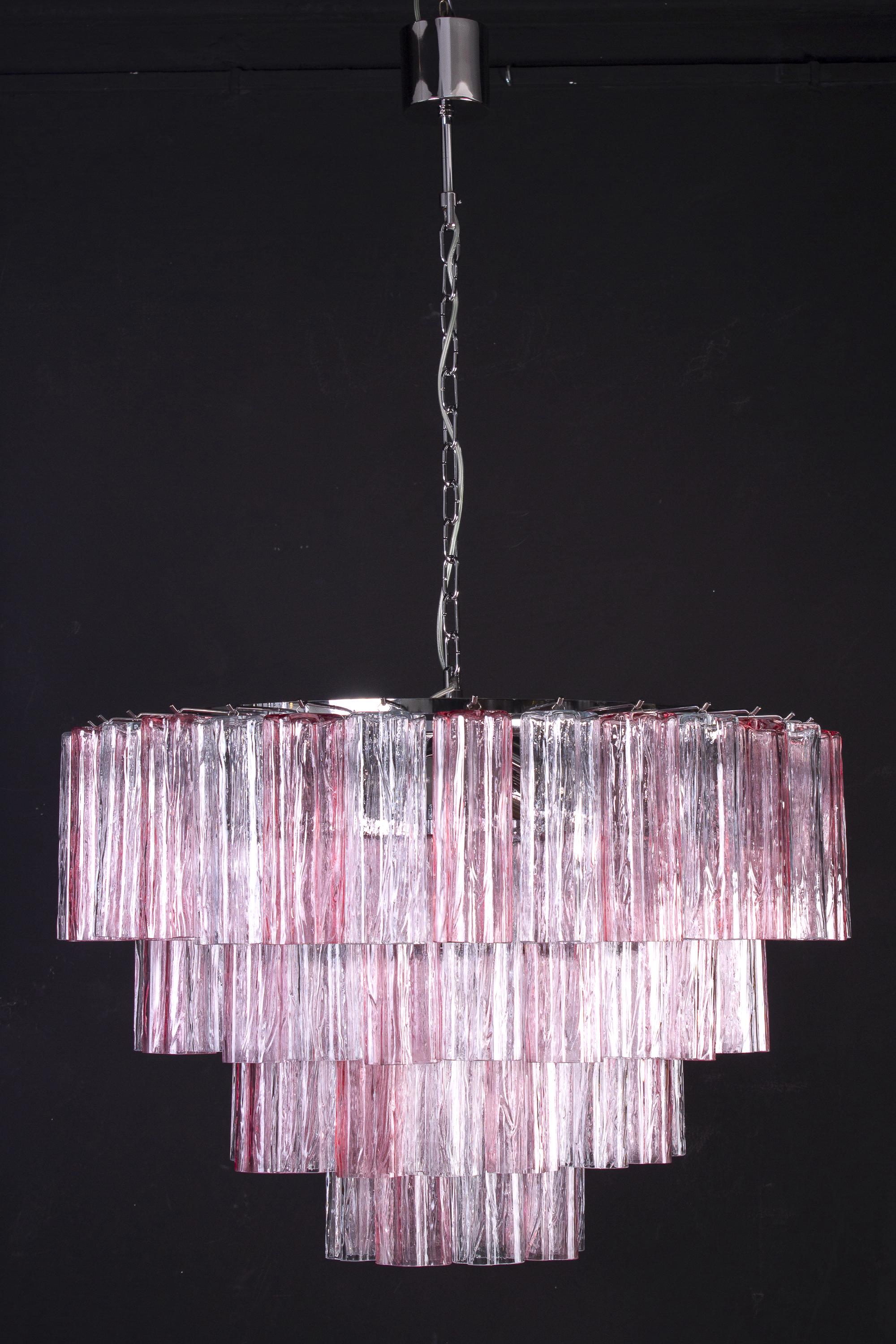 Contemporary Pink and Ice Color Large Italian Murano Glass Tronchi Chandelier For Sale