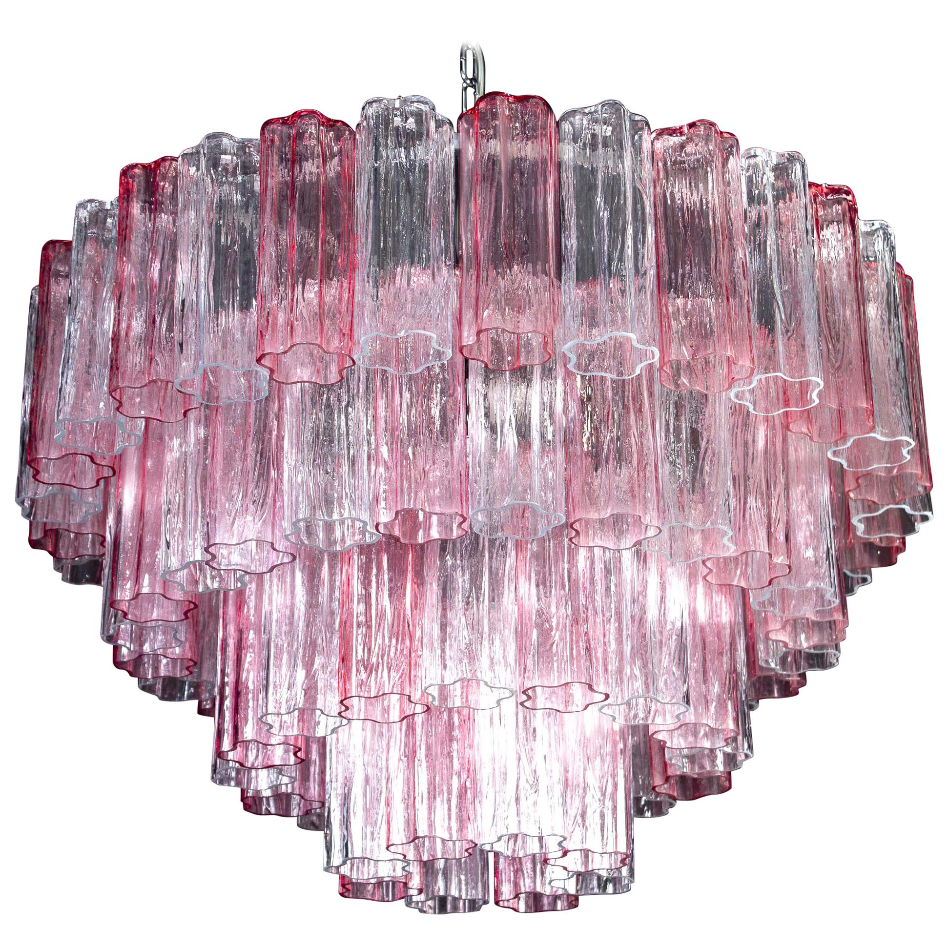 Grand lustre Tronchi italien en verre de Murano de couleur rose et glace