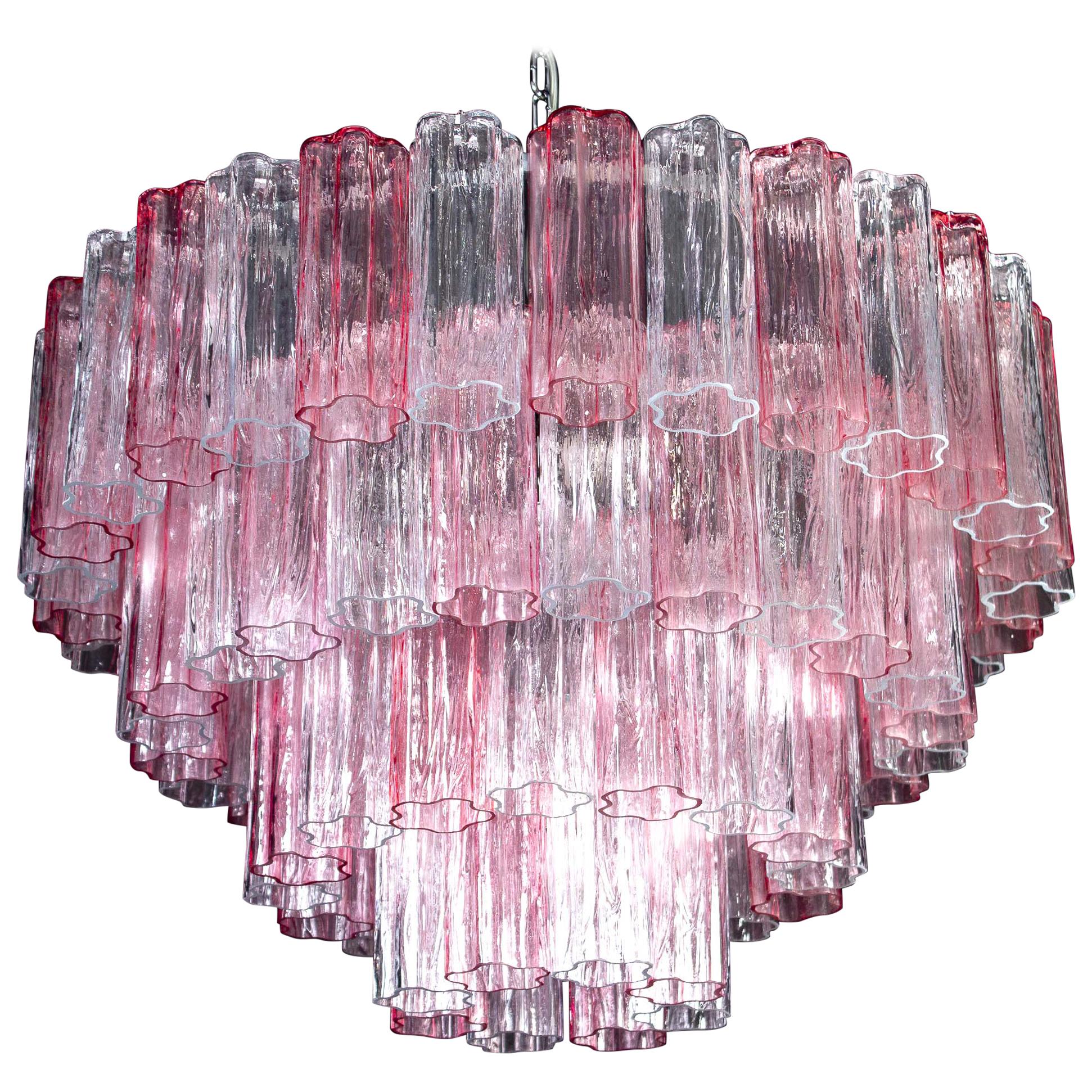 Pink and Ice Color Large Italian Murano Glass Tronchi Chandelier