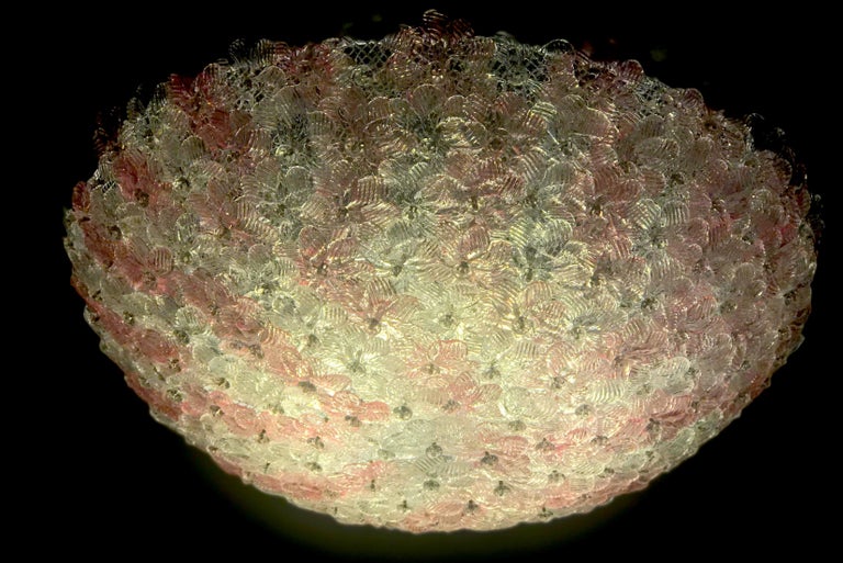 Mid-20th Century Pink and Ice Flowers Basket Murano Glass Ceiling Light by Barovier & Toso For Sale