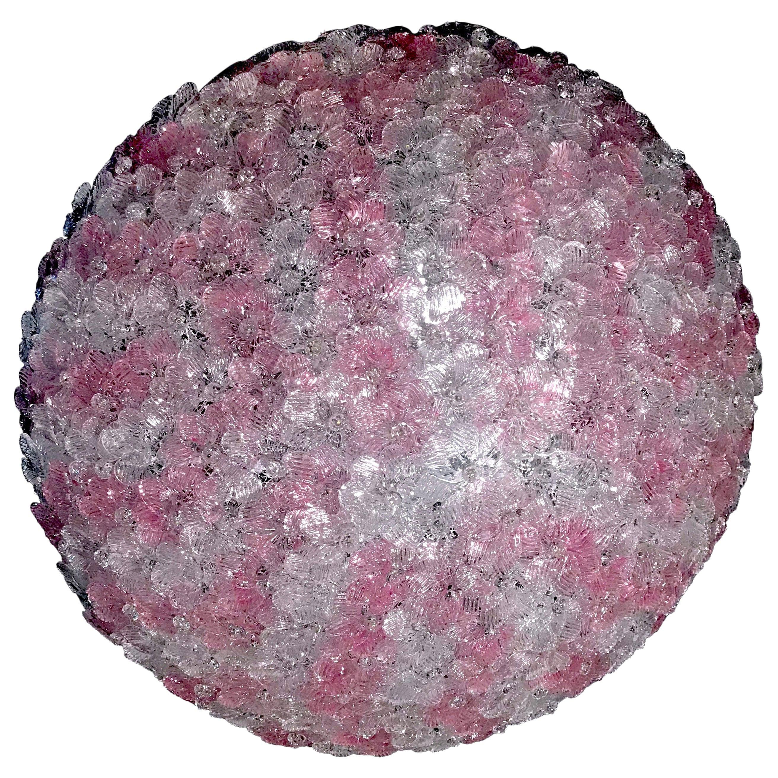 Plafonnier en verre de Murano rose et fleurs de glace par Barovier & Toso