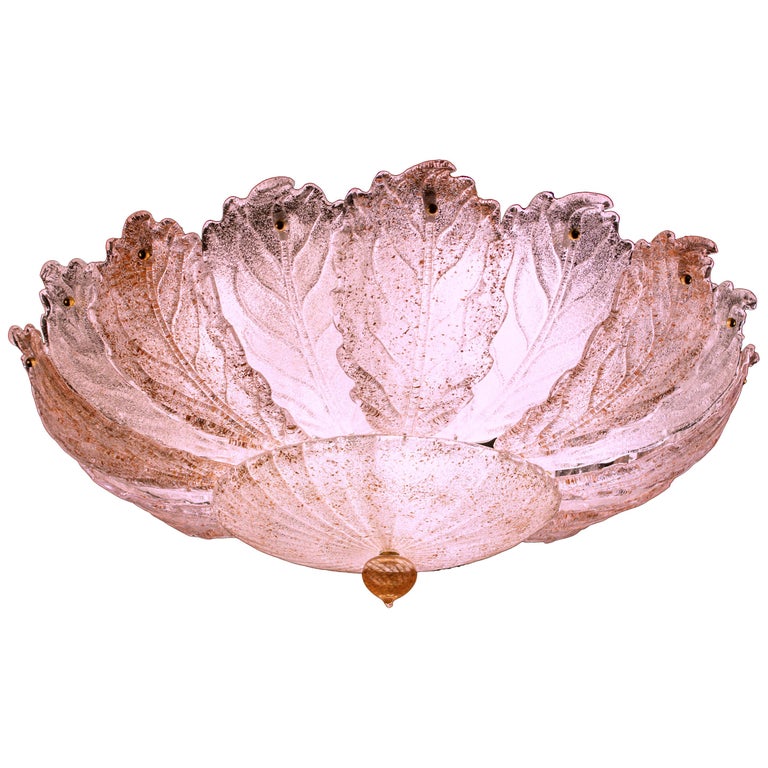 Pink And Ice Leaves Murano Glass Ceiling Light Or Flush Mount