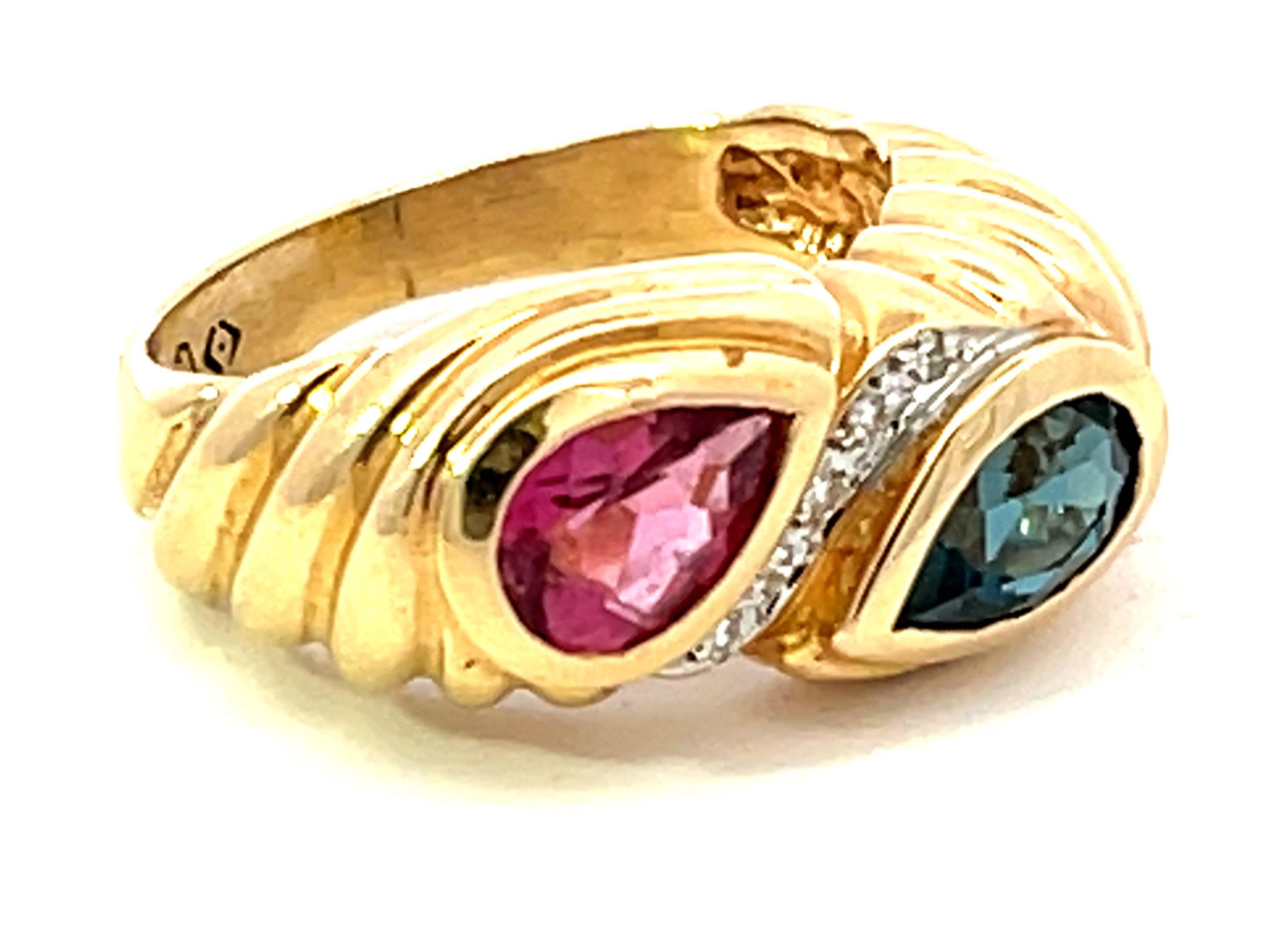 Modern Pink and Indicolite Tourmaline Diamond Ring in 14k Yellow Gold For Sale