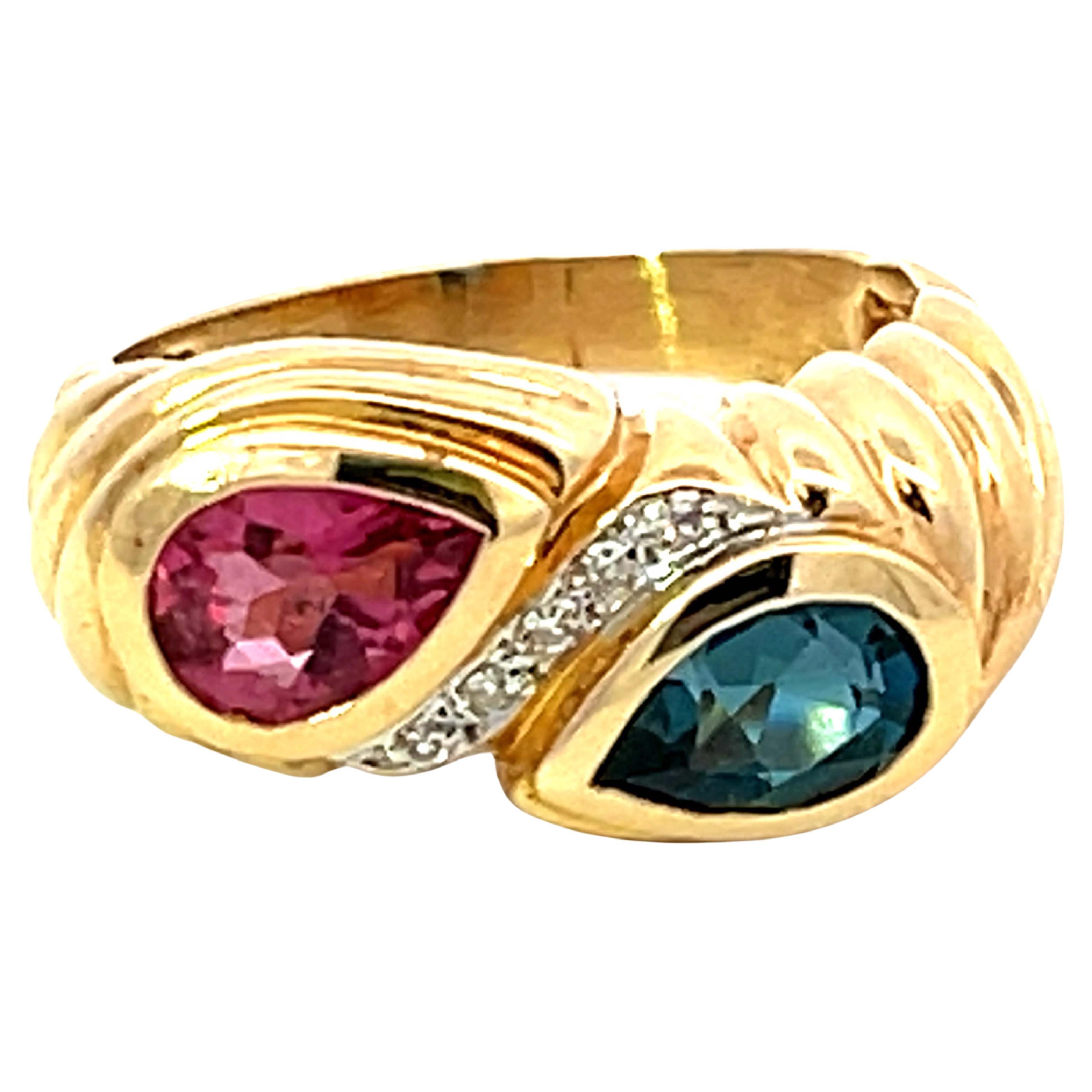 Pink and Indicolite Tourmaline Diamond Ring in 14k Yellow Gold For Sale
