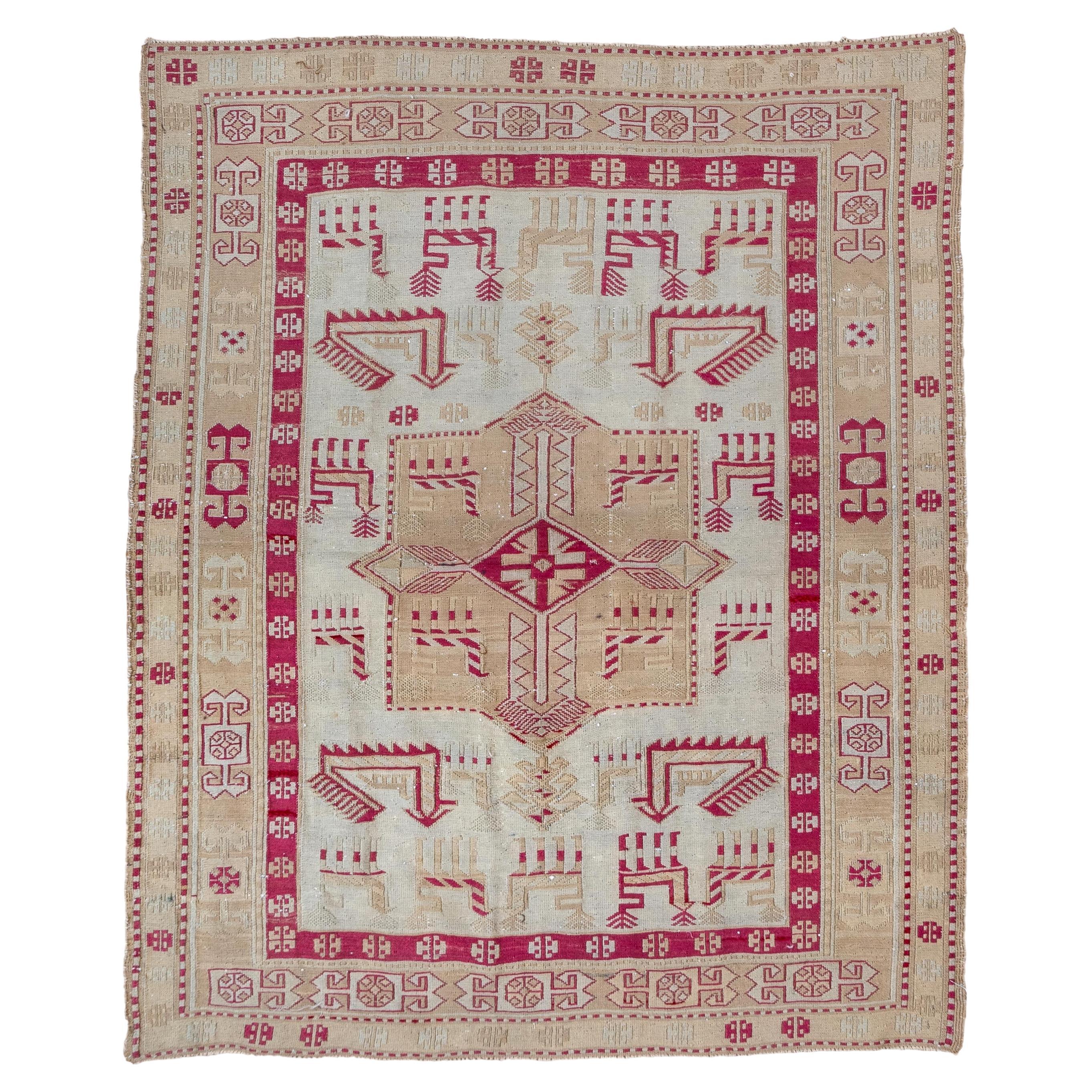 Pink and Ivory and Sky Blue Sumak Square Rug  For Sale