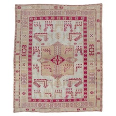 Vintage Pink and Ivory and Sky Blue Sumak Square Rug 