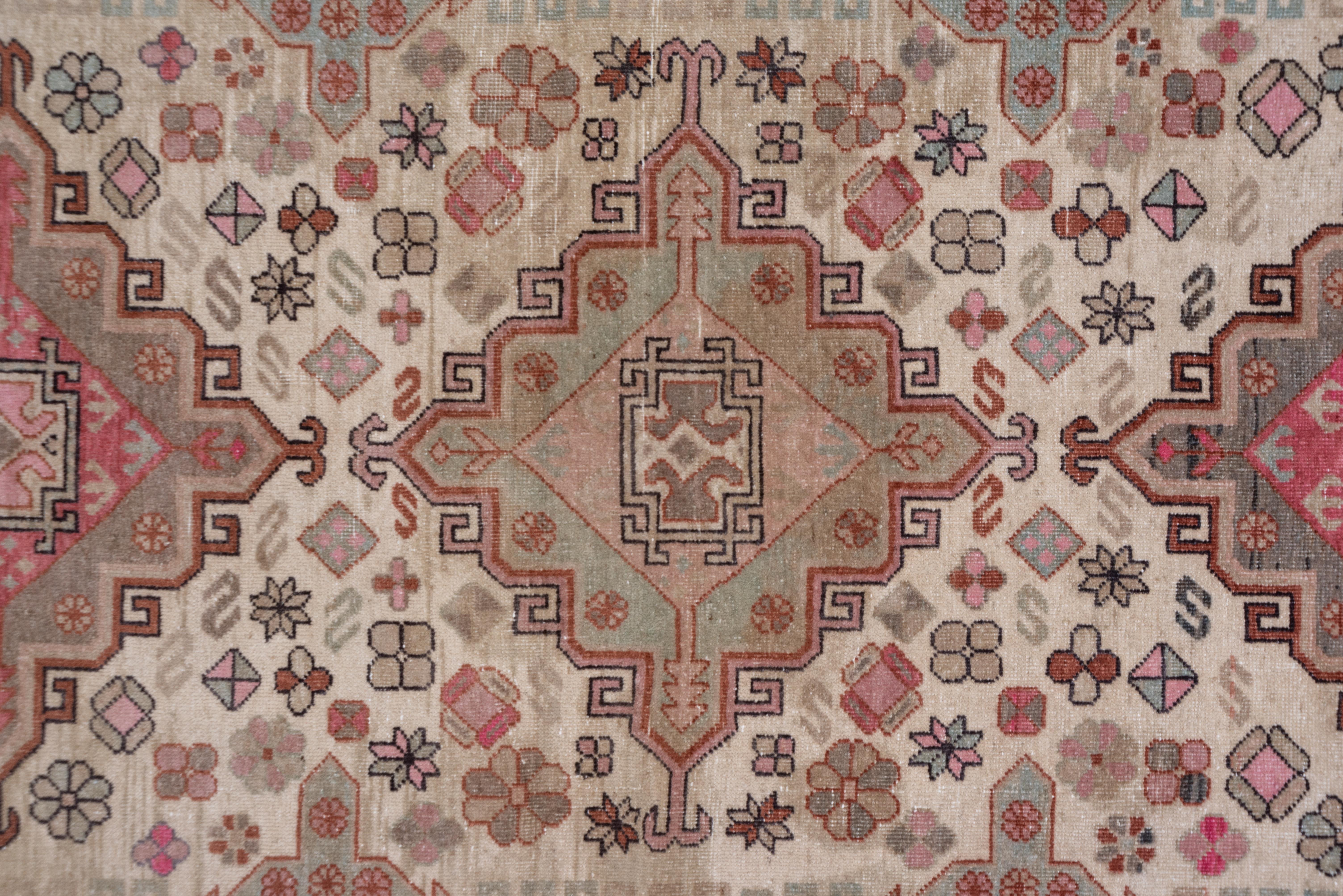 Hand-Knotted Pink and Ivory Khotan Rug, Light Blue Accents, Geometric For Sale