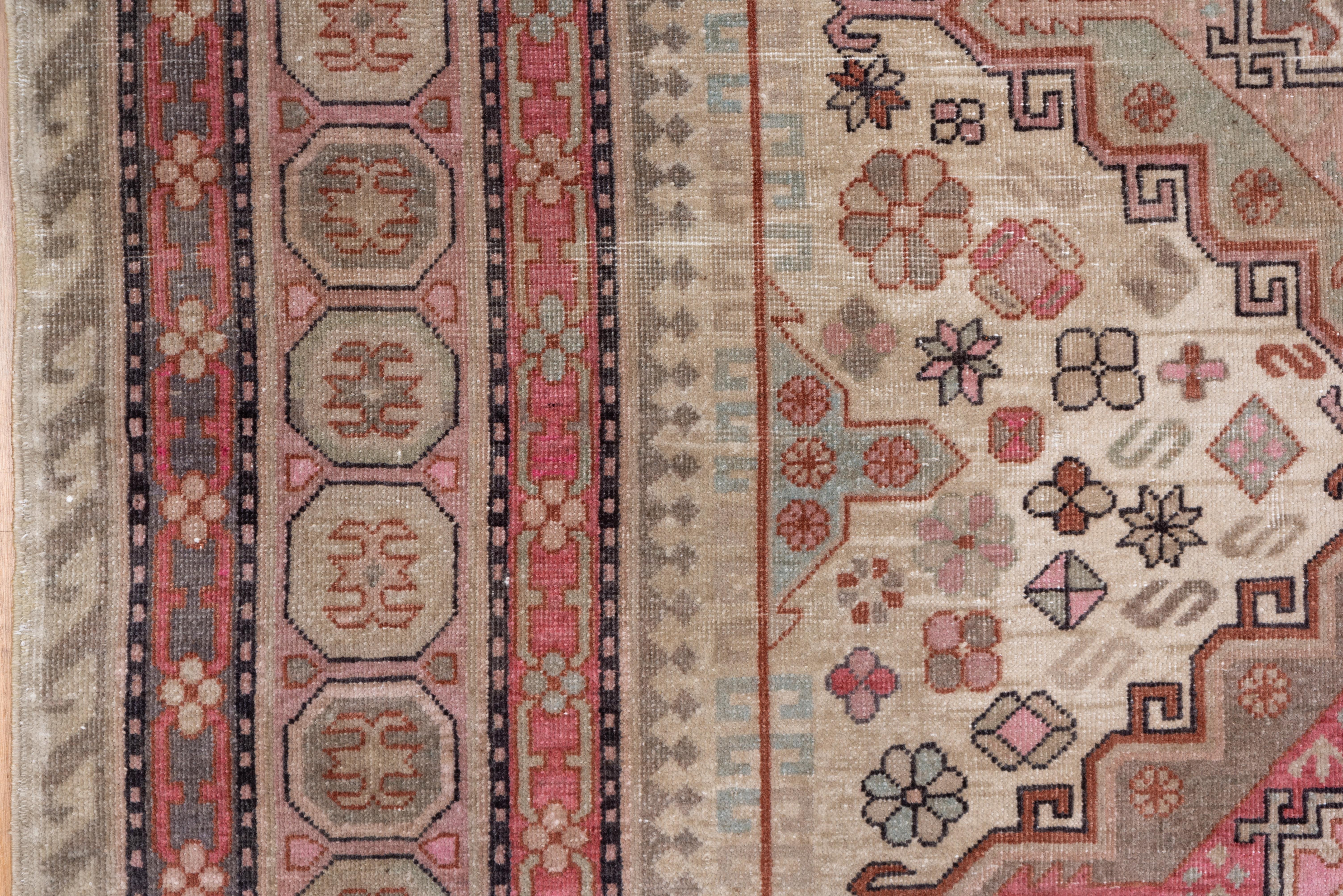 Mid-20th Century Pink and Ivory Khotan Rug, Light Blue Accents, Geometric For Sale