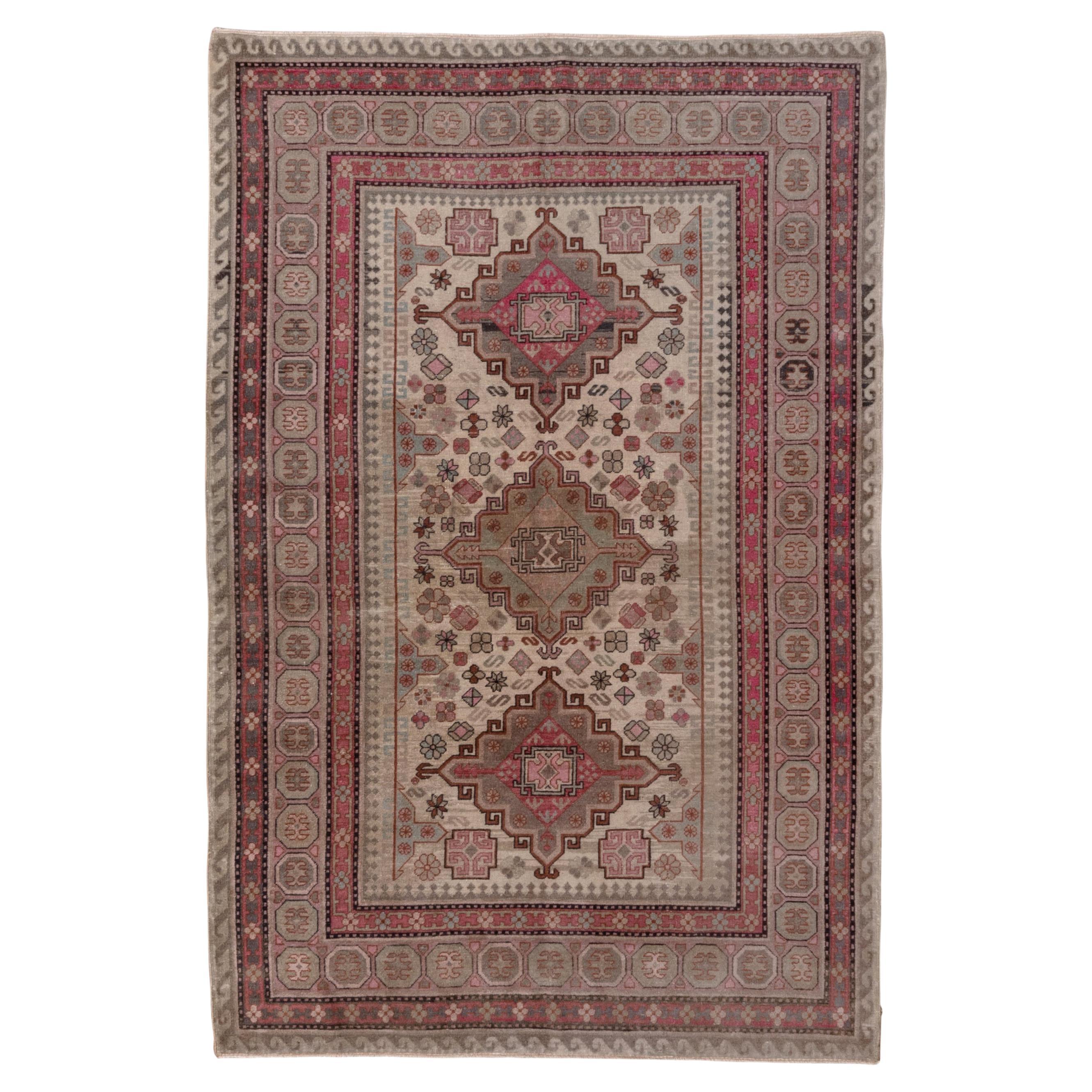Pink and Ivory Khotan Rug, Light Blue Accents, Geometric For Sale