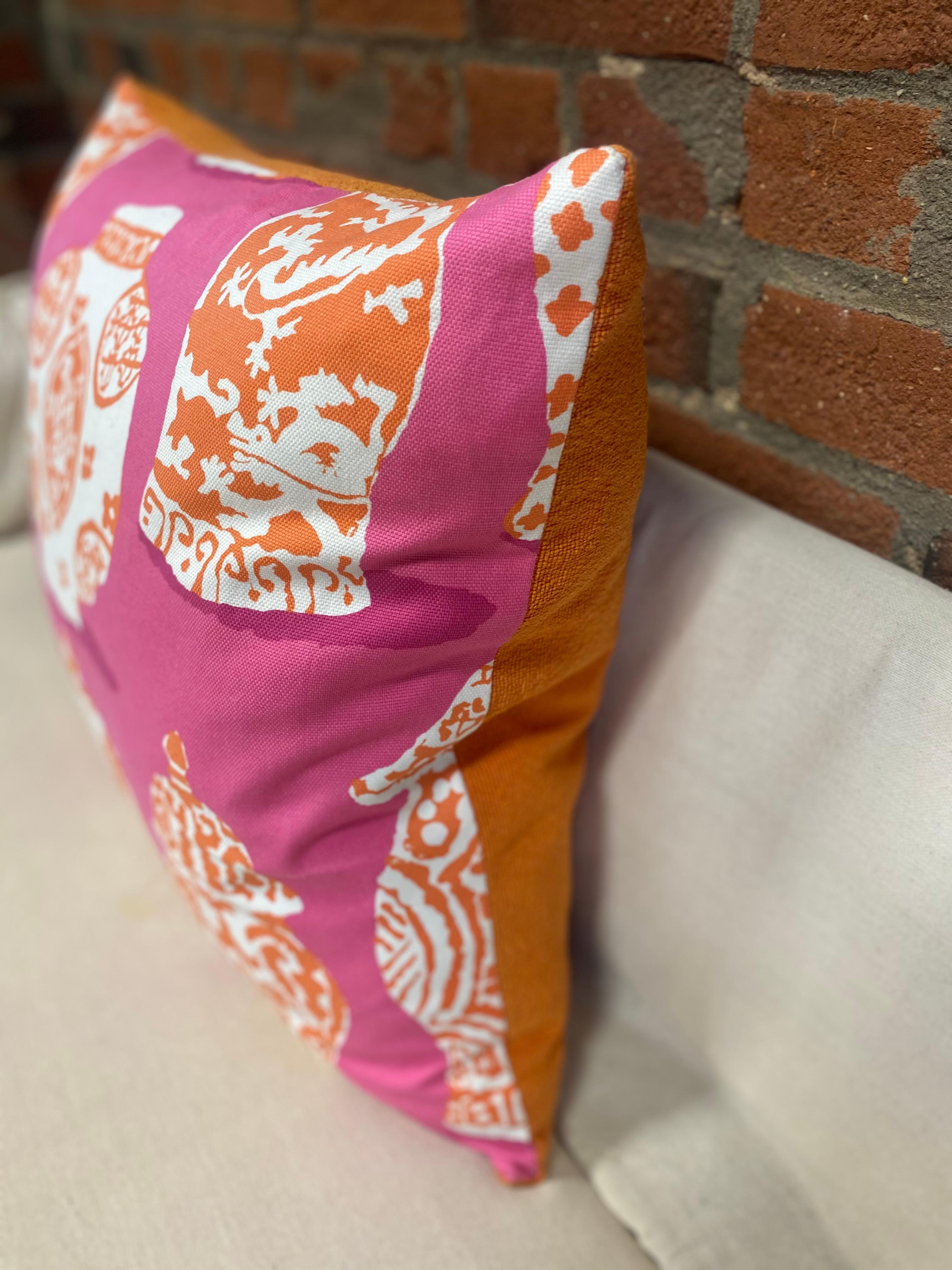 American Pink and Orange Cotton Pot Print with Terry Towel Cotton Back For Sale