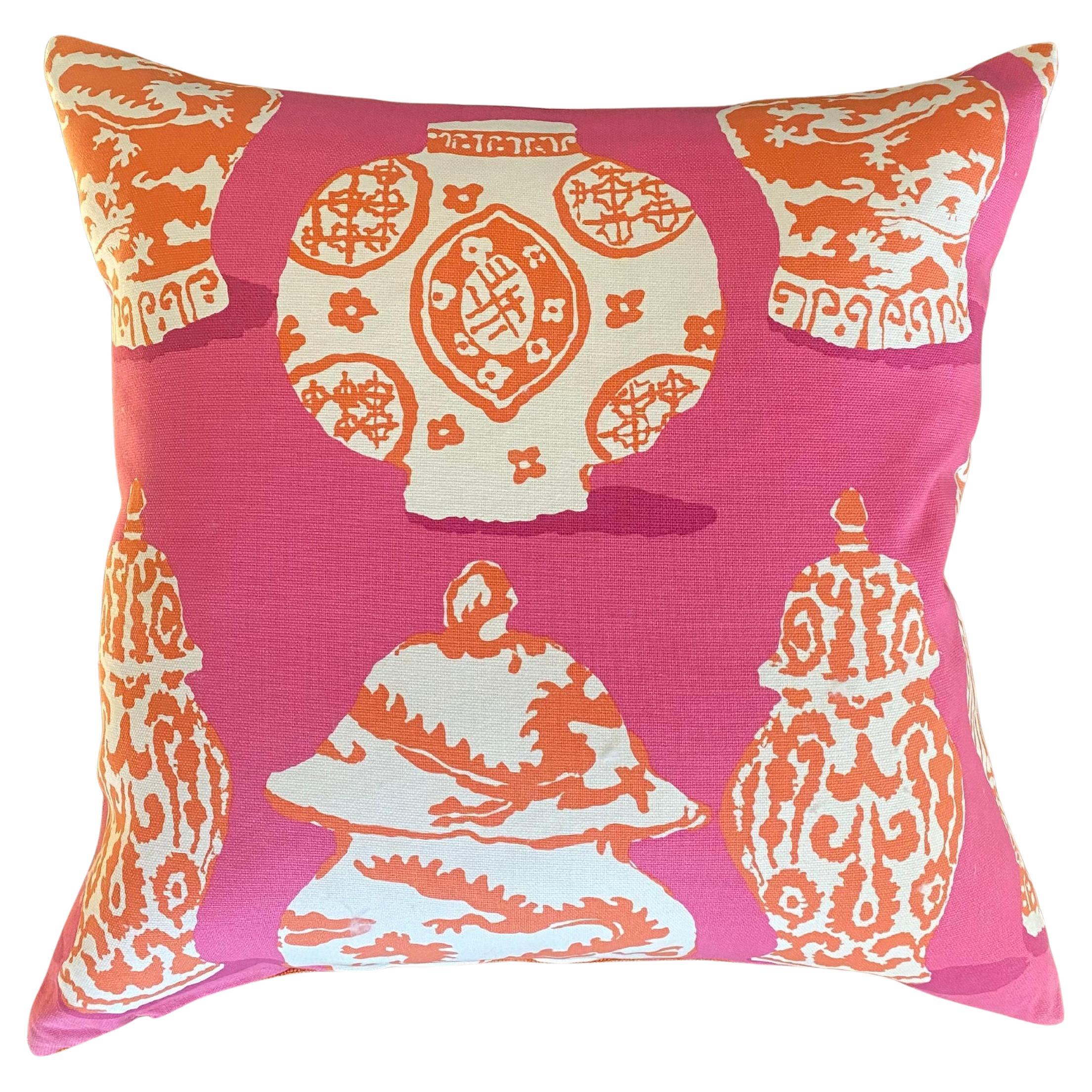 Pink and Orange Cotton Pot Print with Terry Towel Cotton Back For Sale