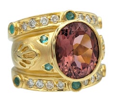 Pink and Paraiba Tourmaline Etruscan Style Band Ring in 18 Karat Yellow Gold