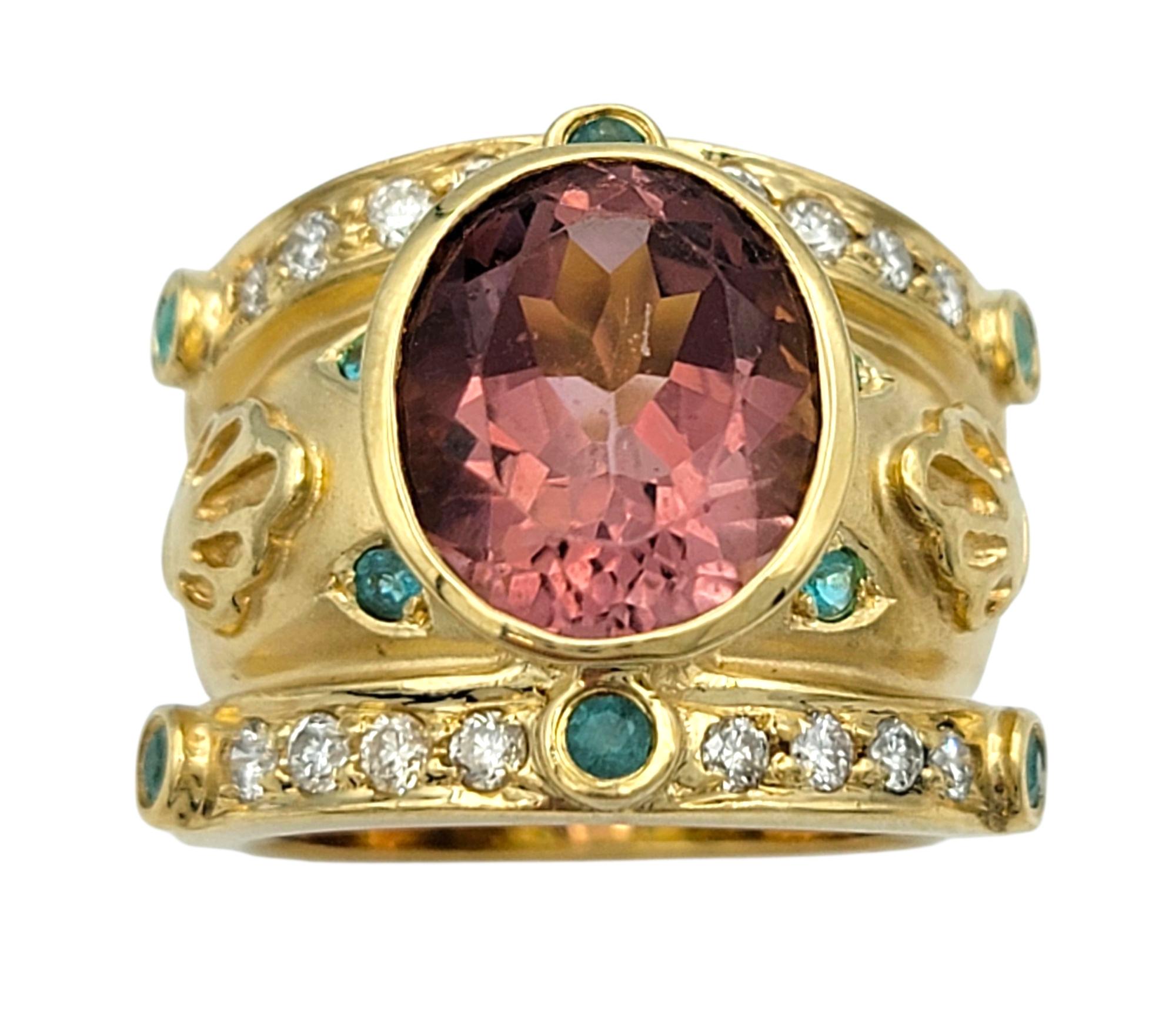 Contemporary Pink and Paraiba Tourmaline Etruscan Style Band Ring in 18 Karat Yellow Gold For Sale