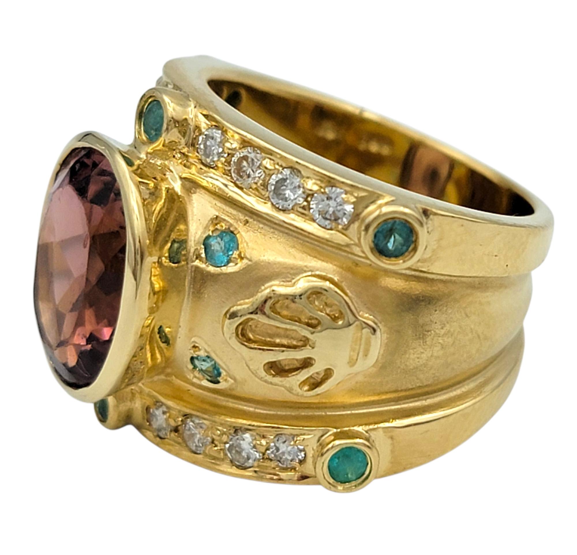 Oval Cut Pink and Paraiba Tourmaline Etruscan Style Band Ring in 18 Karat Yellow Gold For Sale