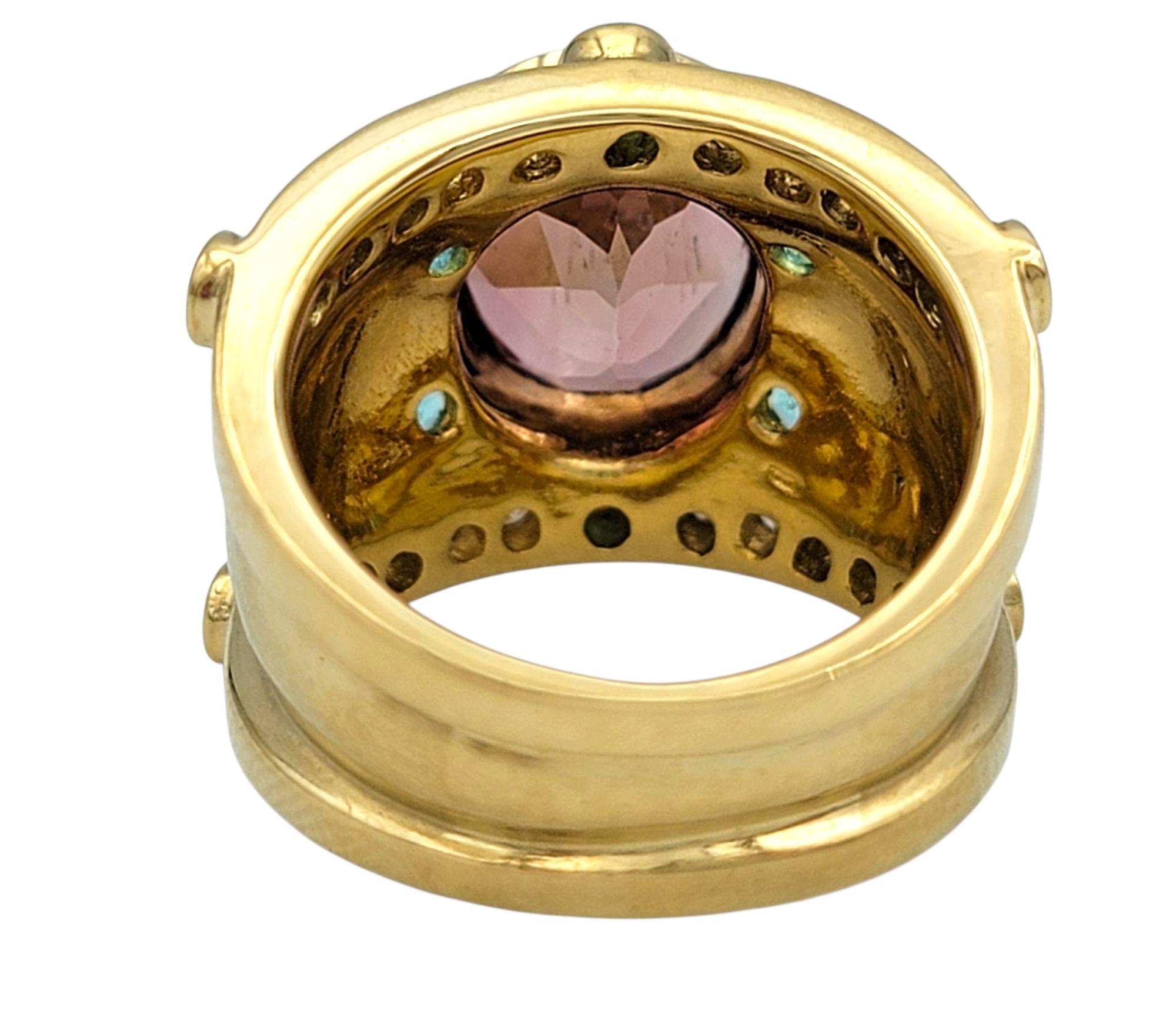 Women's Pink and Paraiba Tourmaline Etruscan Style Band Ring in 18 Karat Yellow Gold For Sale