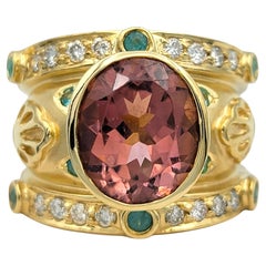 Pink and Paraiba Tourmaline Etruscan Style Band Ring in 18 Karat Yellow Gold