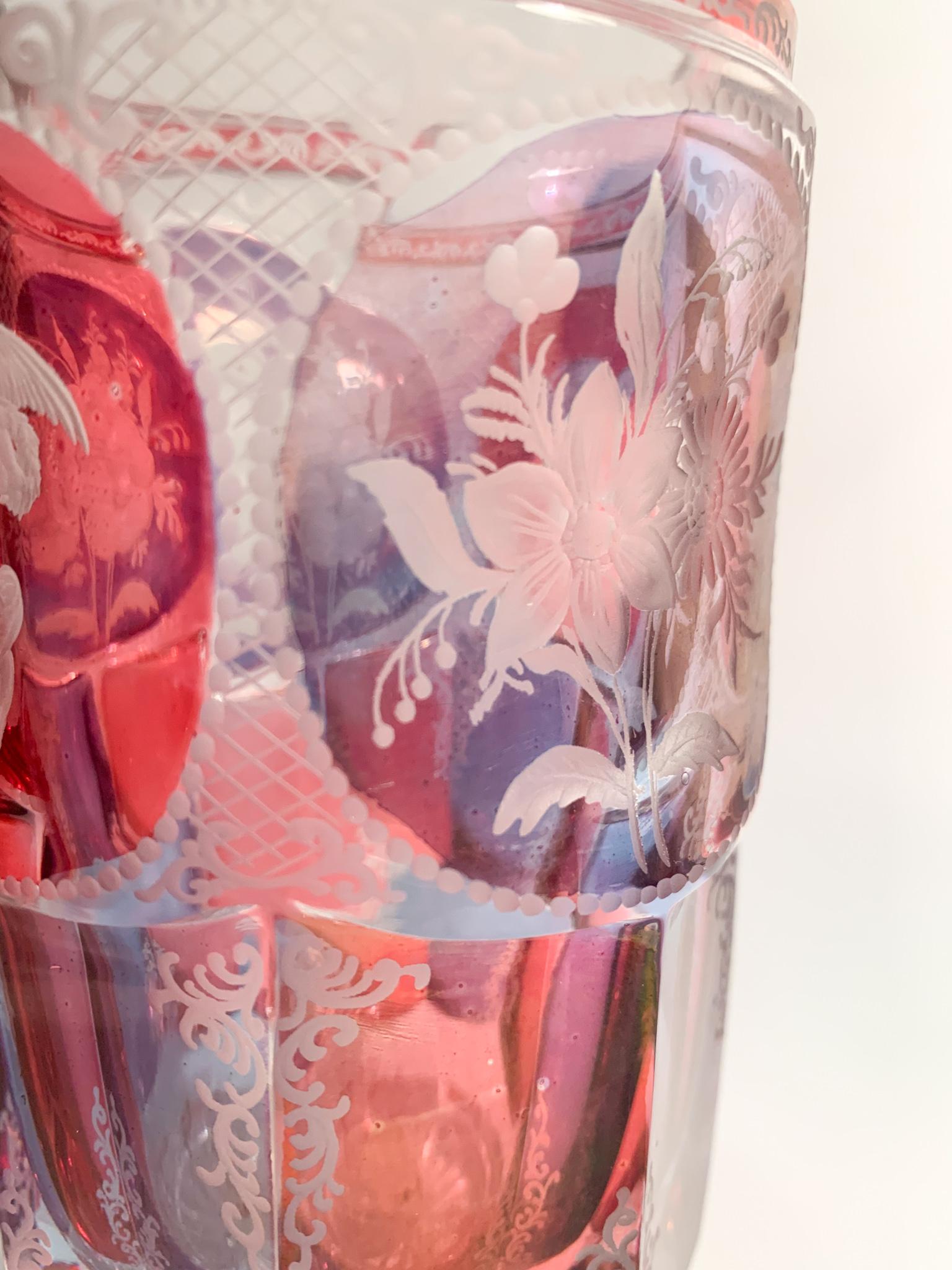 Pink and Purple Biedermeier Crystal Glass Decorated with Acid in 1800 5