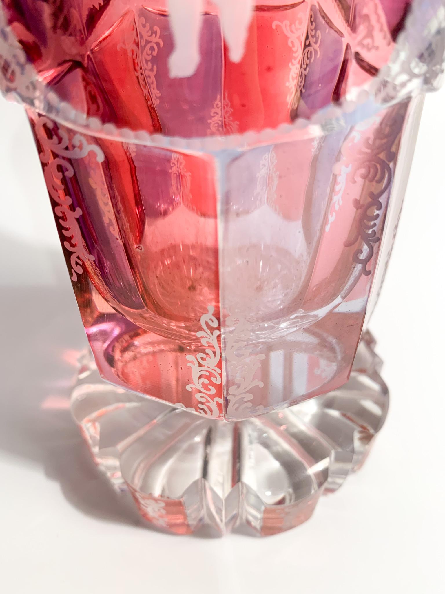 Pink and Purple Biedermeier Crystal Glass Decorated with Acid in 1800 6
