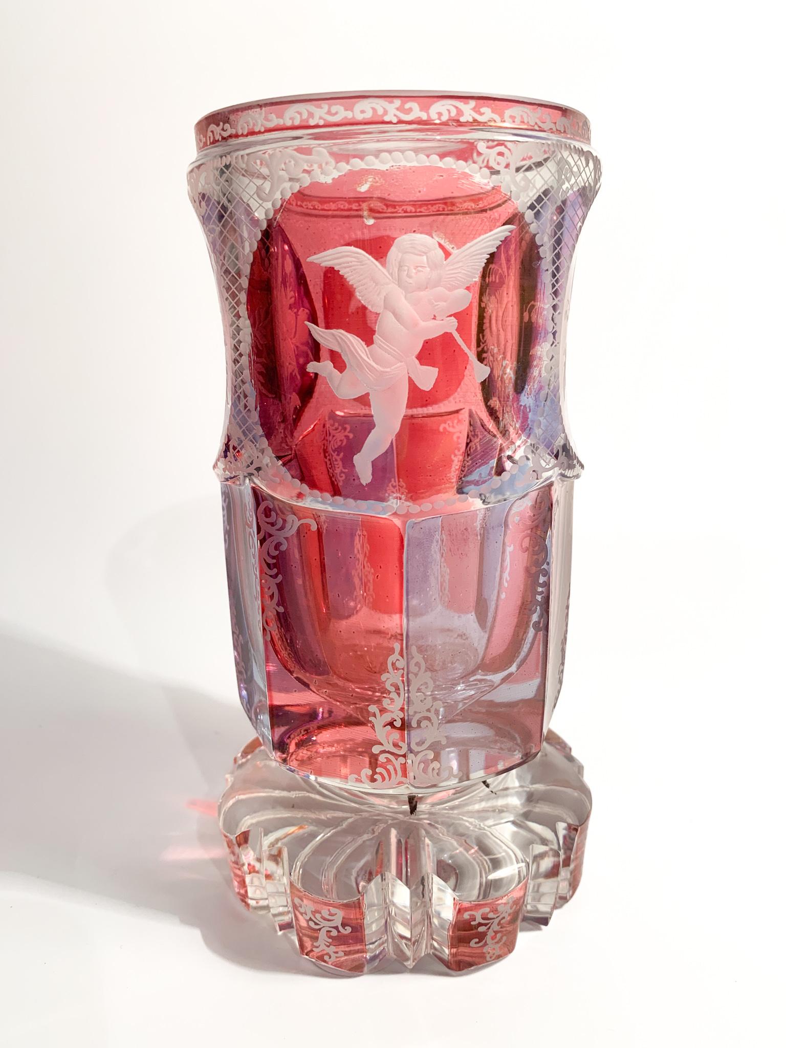 Pink and Purple Biedermeier Crystal Glass Decorated with Acid in 1800 9