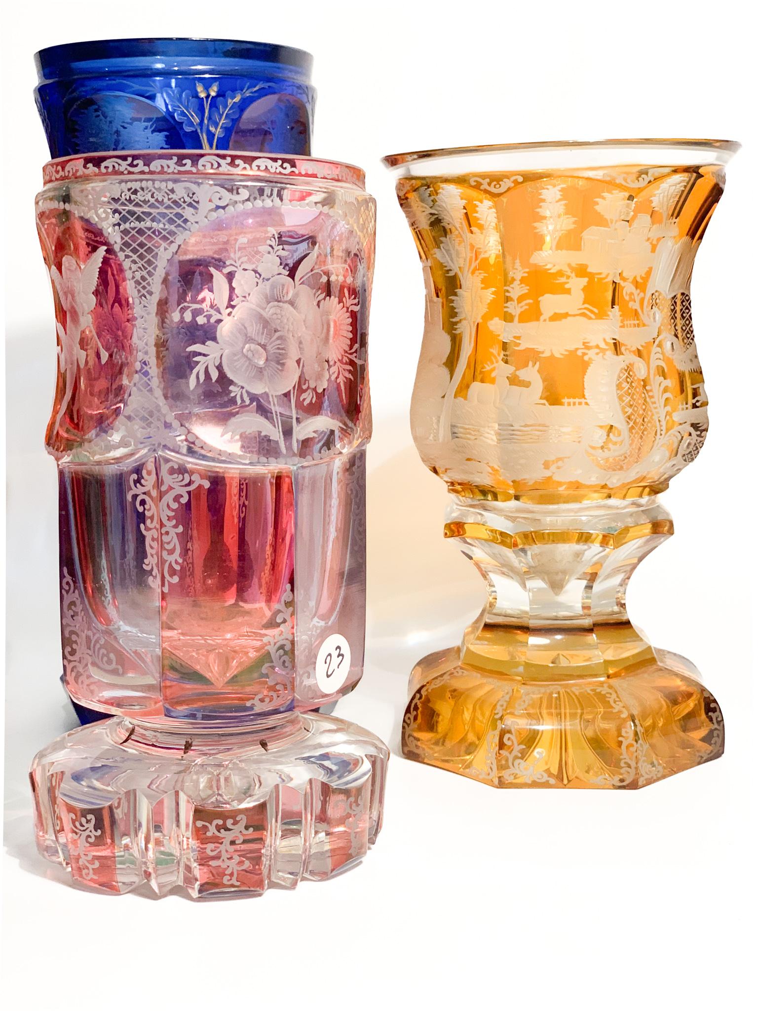 Pink and Purple Biedermeier Crystal Glass Decorated with Acid in 1800 13