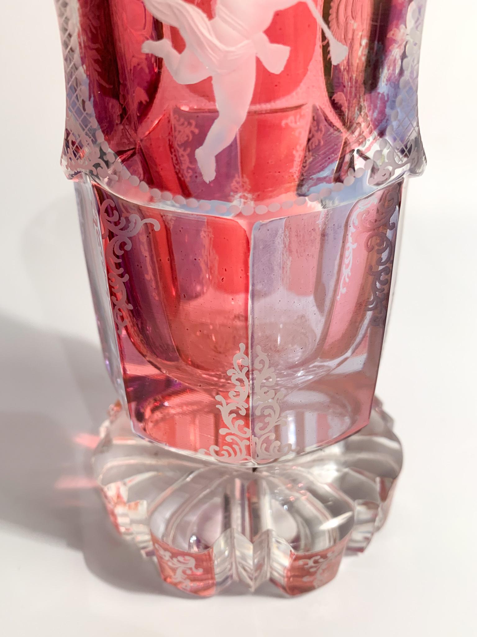Pink and Purple Biedermeier Crystal Glass Decorated with Acid in 1800 In Good Condition In Milano, MI
