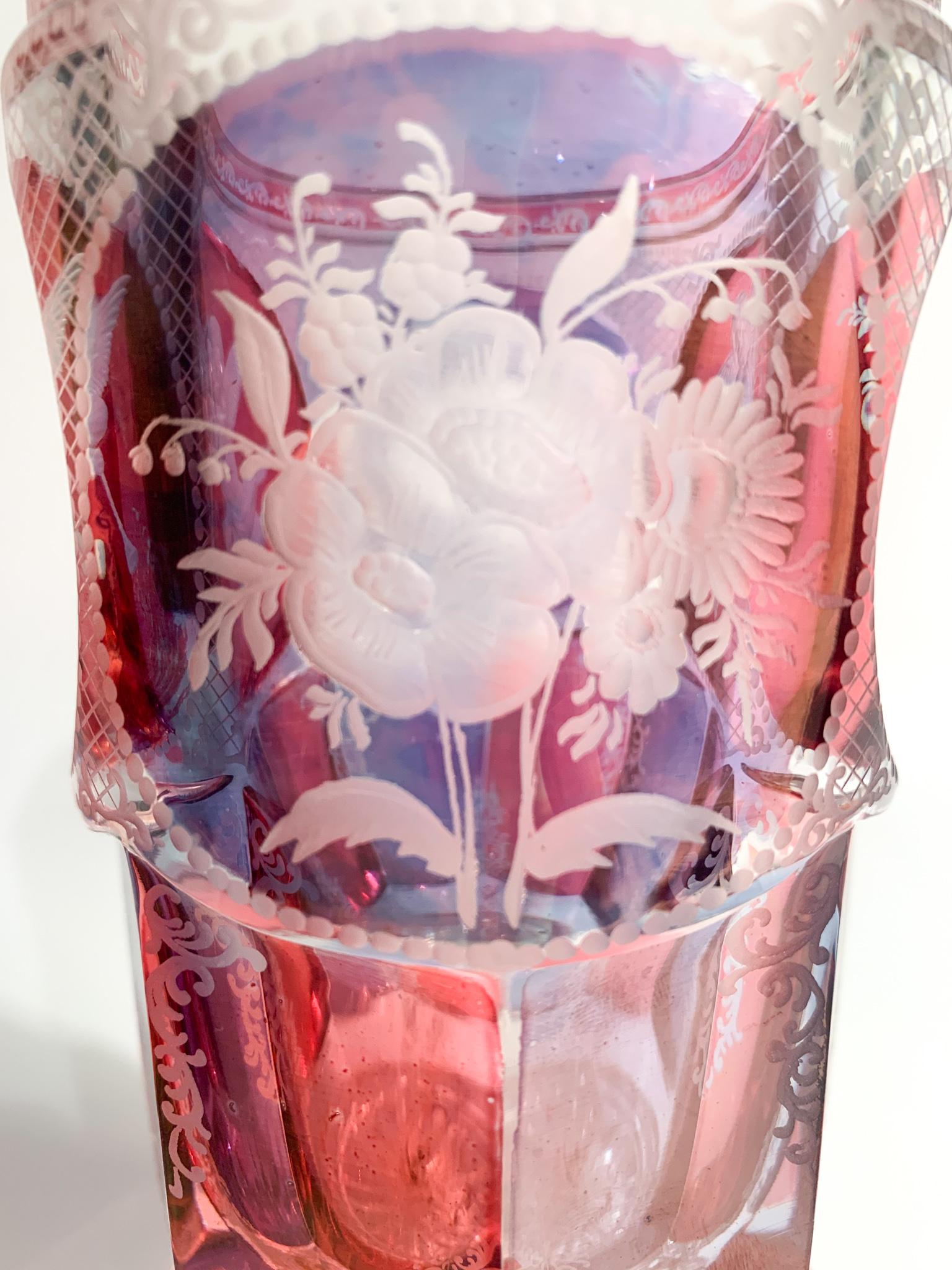 Late 19th Century Pink and Purple Biedermeier Crystal Glass Decorated with Acid in 1800