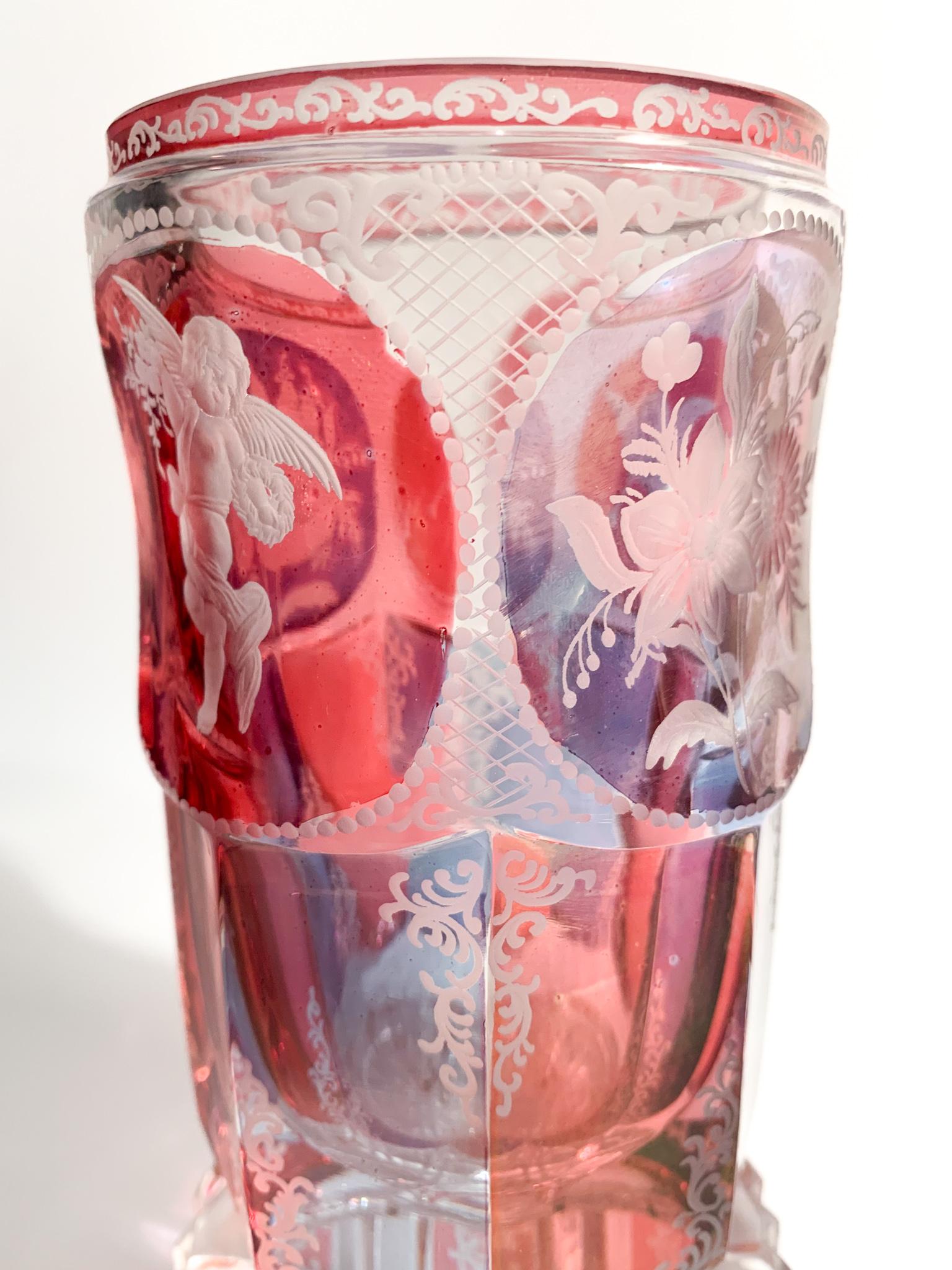 Pink and Purple Biedermeier Crystal Glass Decorated with Acid in 1800 4