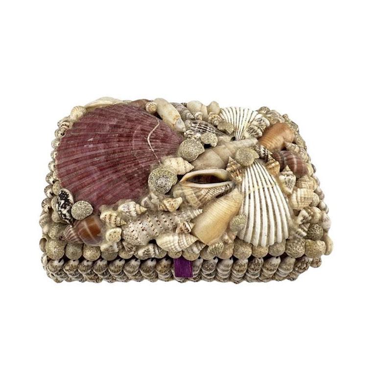Folk Art Pink and Purple Sea Shell Encrusted Hinged Box with Purple Velvet Interior For Sale