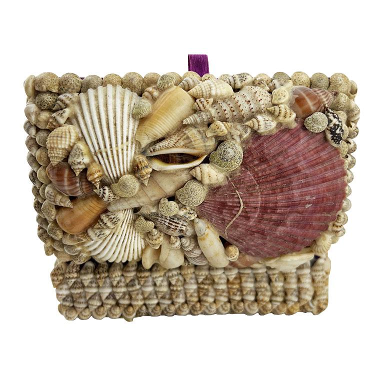 American Pink and Purple Sea Shell Encrusted Hinged Box with Purple Velvet Interior For Sale
