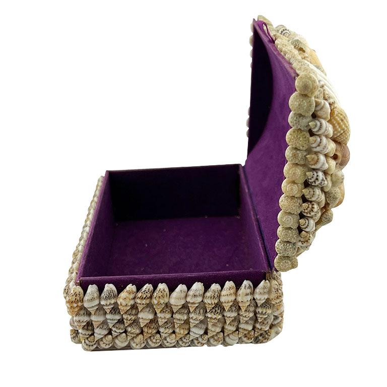 Pink and Purple Sea Shell Encrusted Hinged Box with Purple Velvet Interior In Good Condition For Sale In Oklahoma City, OK
