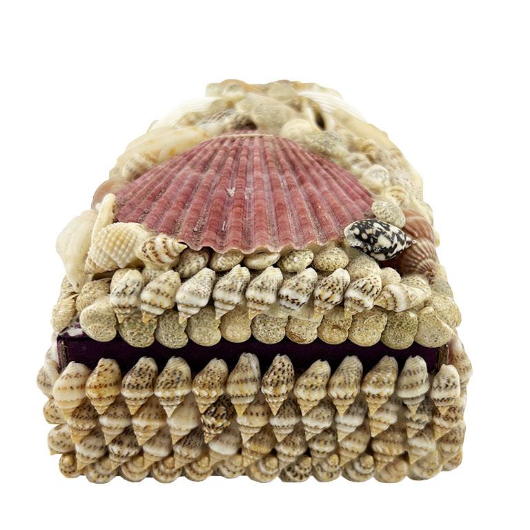 Pink and Purple Sea Shell Encrusted Hinged Box with Purple Velvet Interior For Sale 1