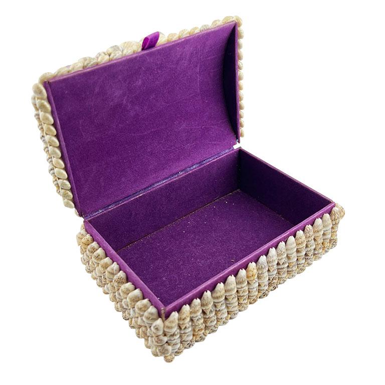 Pink and Purple Sea Shell Encrusted Hinged Box with Purple Velvet Interior For Sale 2