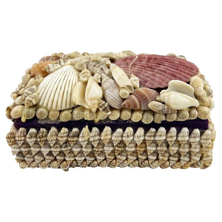 Pink and Purple Sea Shell Encrusted Hinged Box with Purple Velvet Interior For Sale