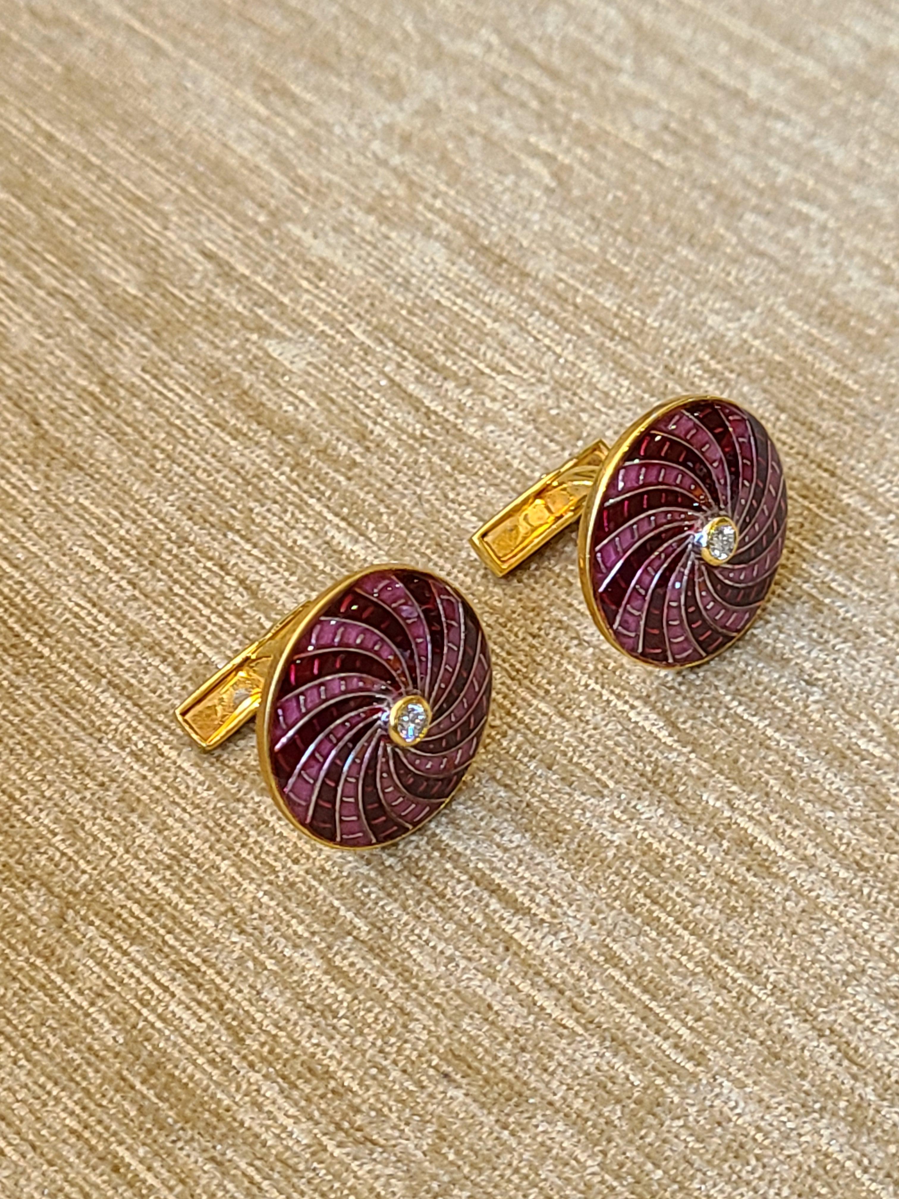 A beautiful pair of cufflinks set in 14k yellow gold with pink and red high finish enamel with diamonds. The cufflinks net gold weight is 12.72 grams and diamond weight is .30 carats . The cufflink dimension in cm 2 x 2 x 2.1 (LXWXD).