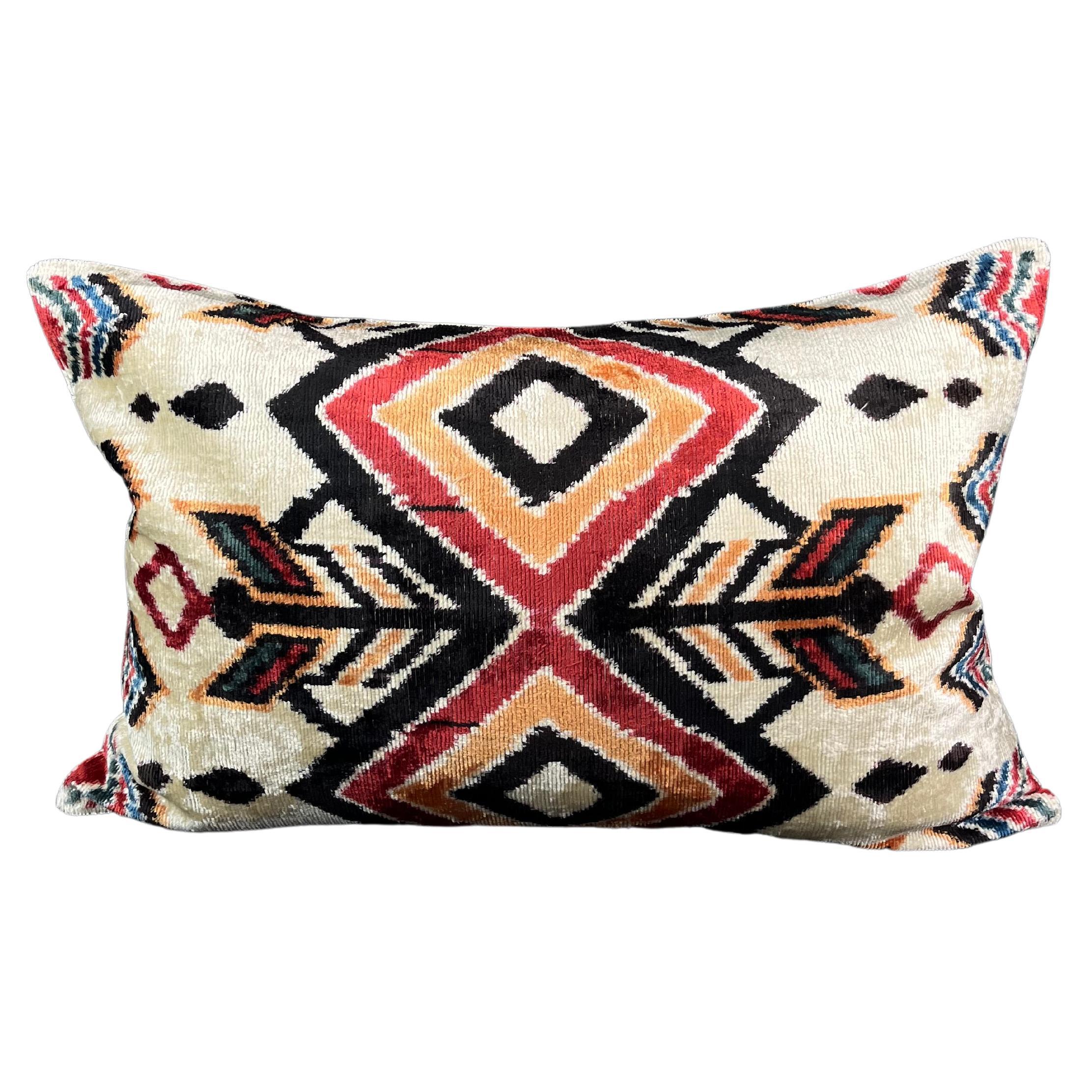 Pink and Red Multicolor Velvet Silk Ikat Pillow Cover For Sale