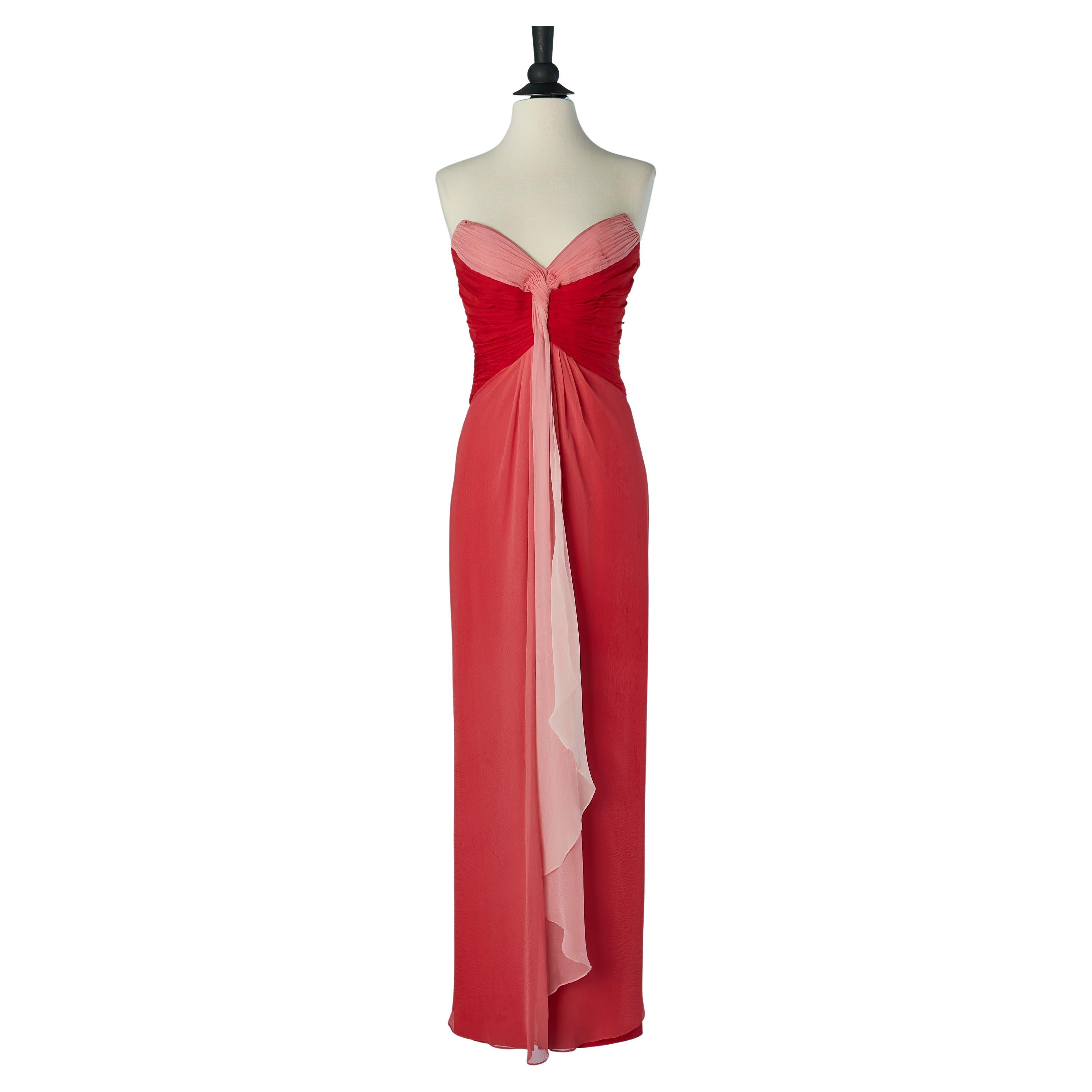 Vestido de noche bustier de gasa de seda rosa y roja con drapeado Bob Mackie para Saks en venta