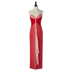 Robe de soirée bustier en mousseline de soie rose et rouge avec drapé Bob Mackie pour Saks