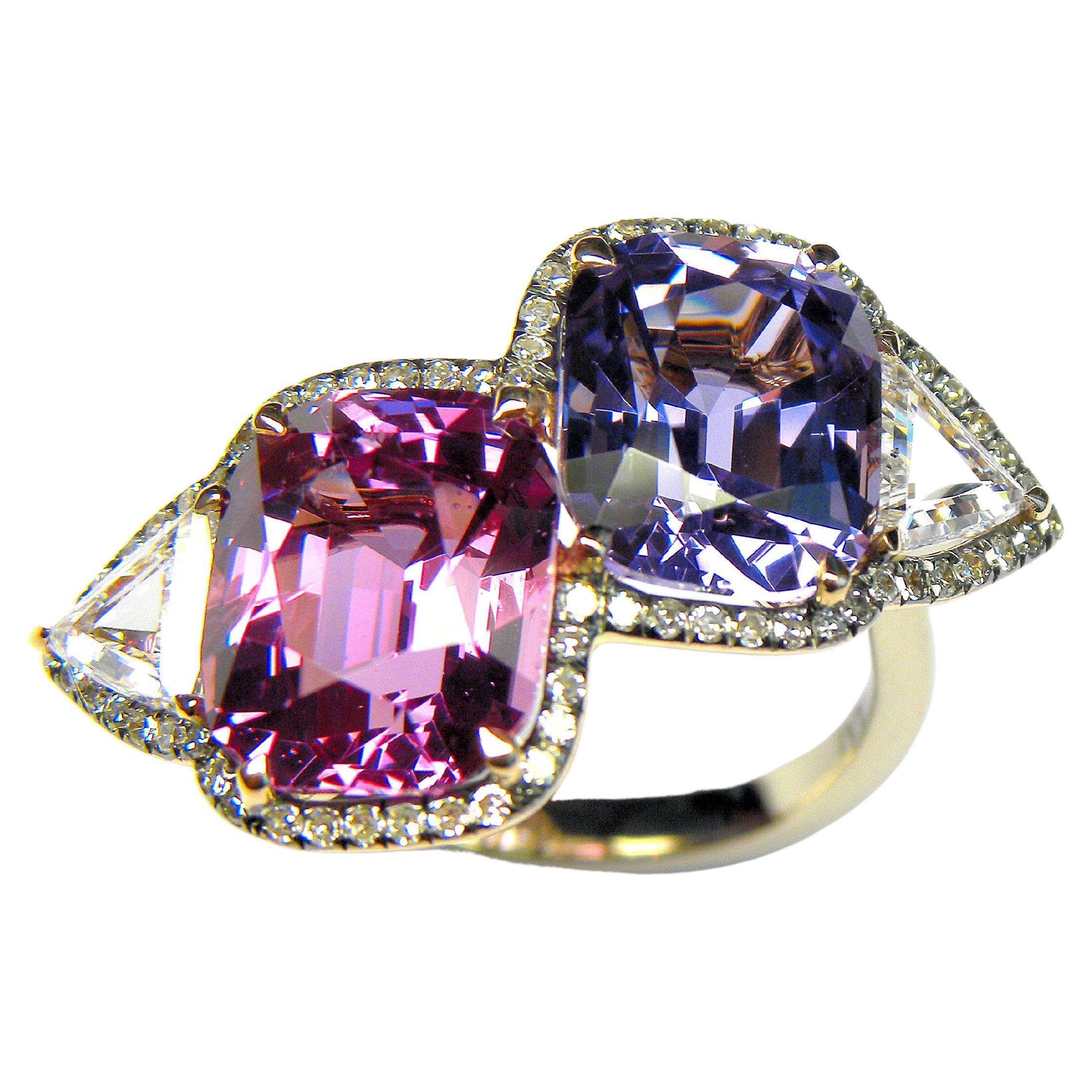 Pink and Violet Spinels with Diamonds and 18K Gold Ring For Sale