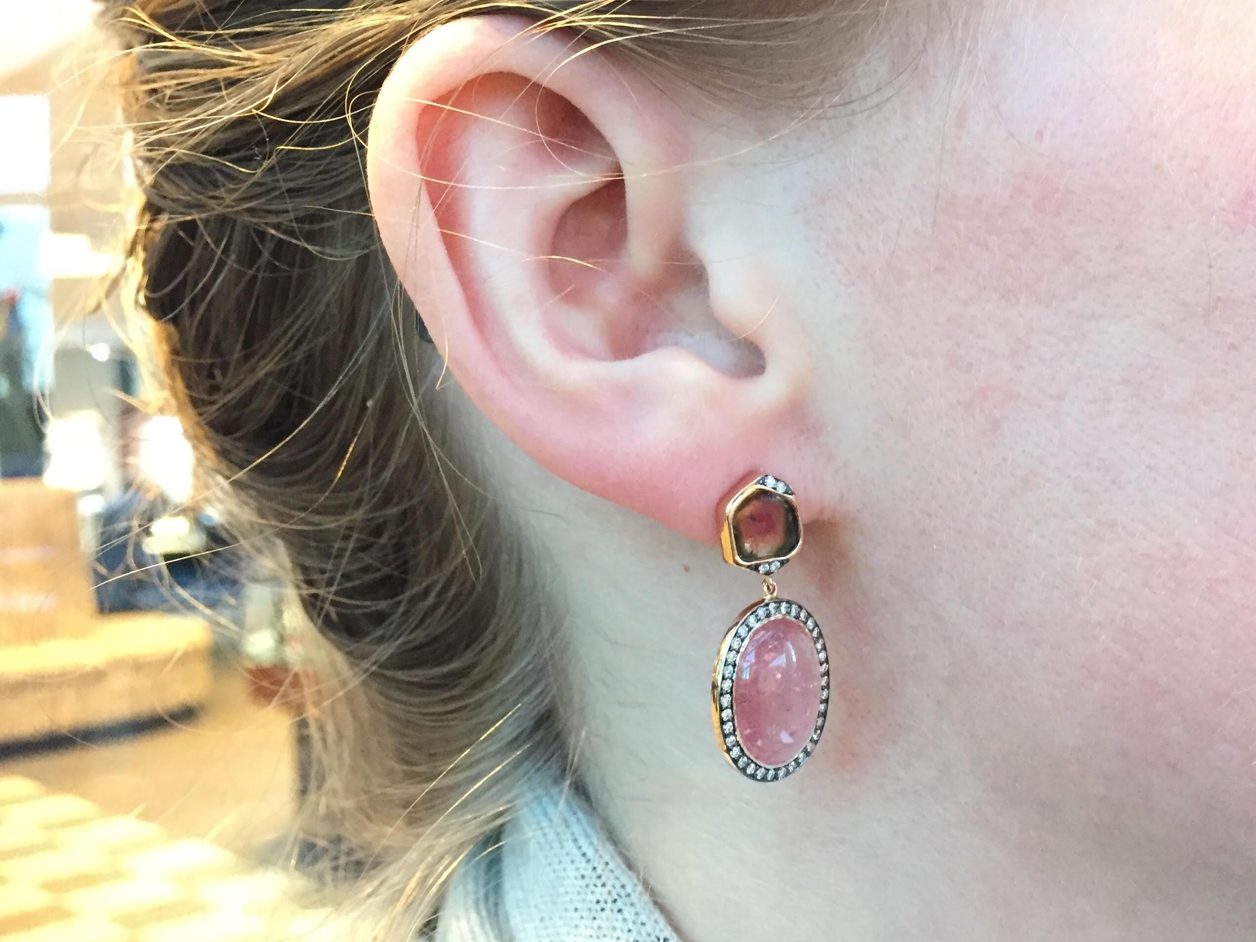 Pink and Watermelon Tourmaline Diamond Rose Gold Drop Earrings For Sale 5