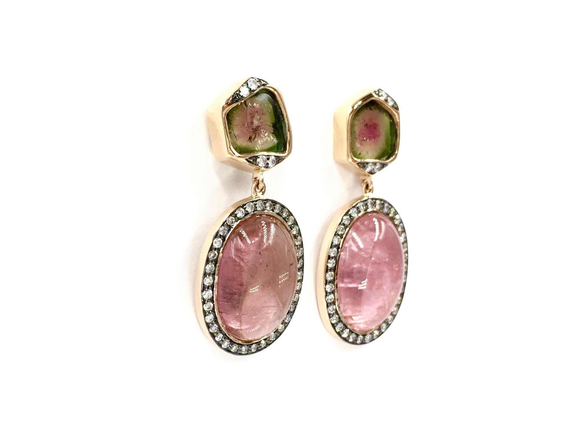 14 karat rose gold natural pink and watermelon tourmaline drop earrings with diamonds by Jenny Perl. Bright white diamonds are set in black rhodium for an unexpected and beautiful contrast, .36 diamond carat total weight. Visible natural