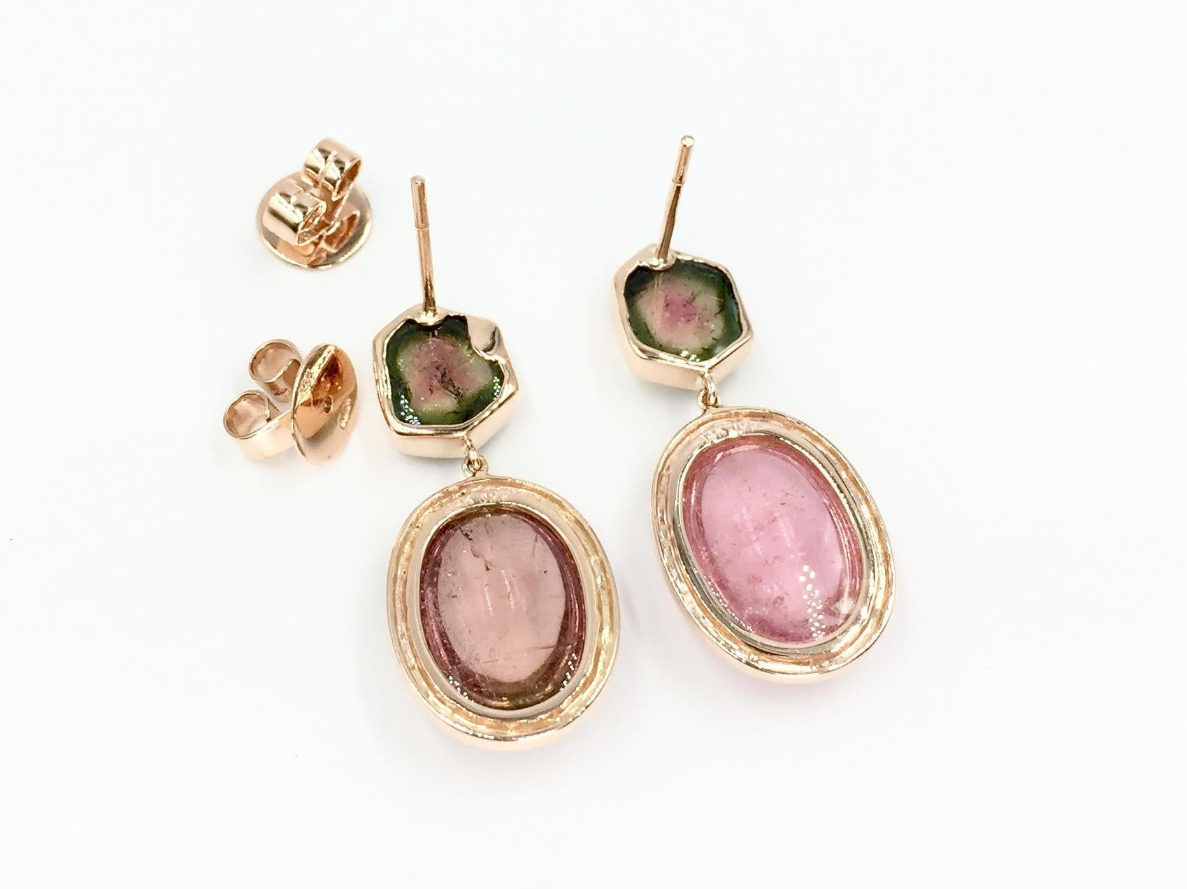 Pink and Watermelon Tourmaline Diamond Rose Gold Drop Earrings In Excellent Condition For Sale In Pikesville, MD
