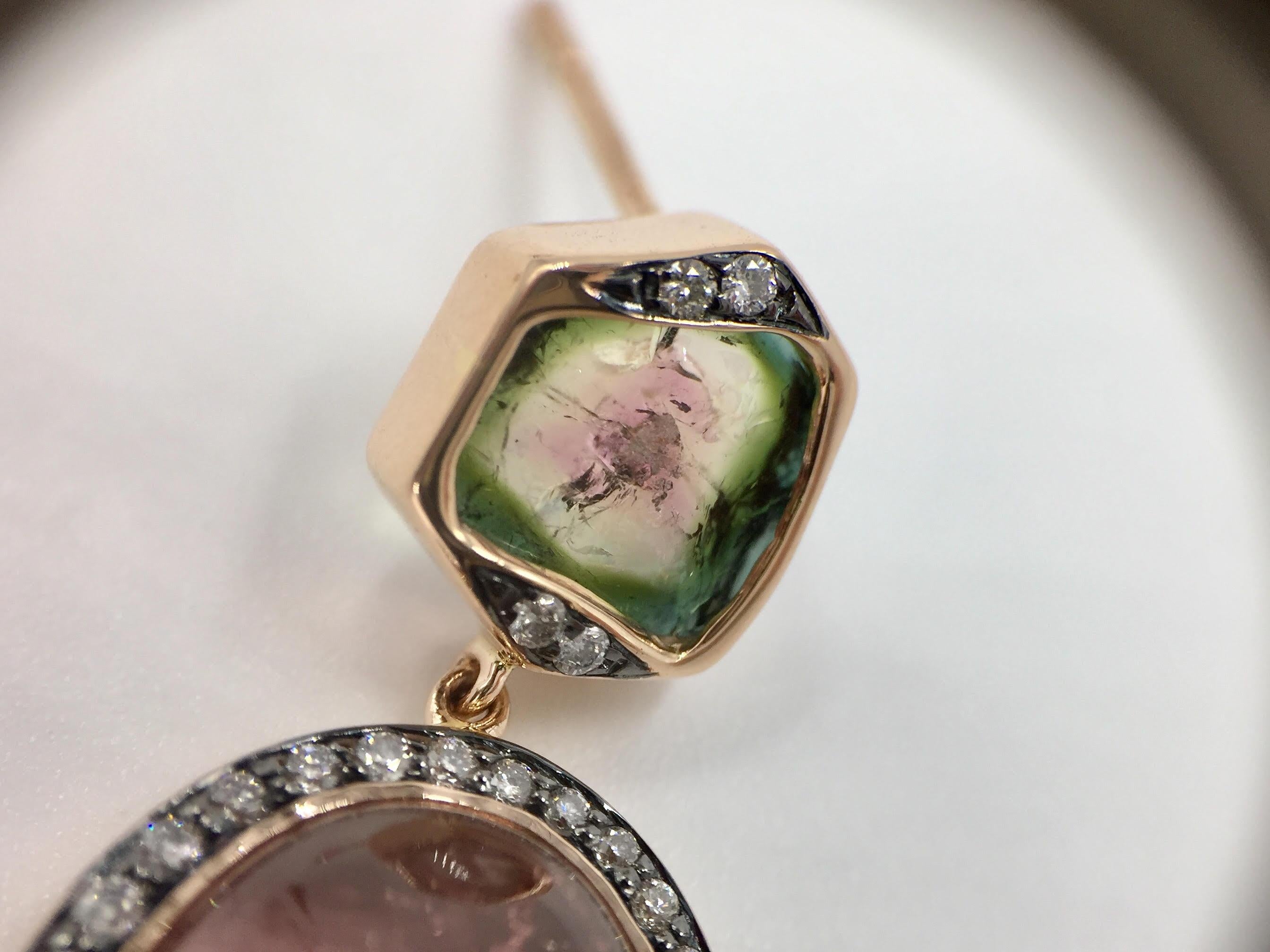 Pink and Watermelon Tourmaline Diamond Rose Gold Drop Earrings For Sale 2