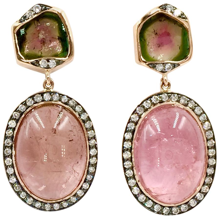 Pink and Watermelon Tourmaline Diamond Rose Gold Drop Earrings For Sale